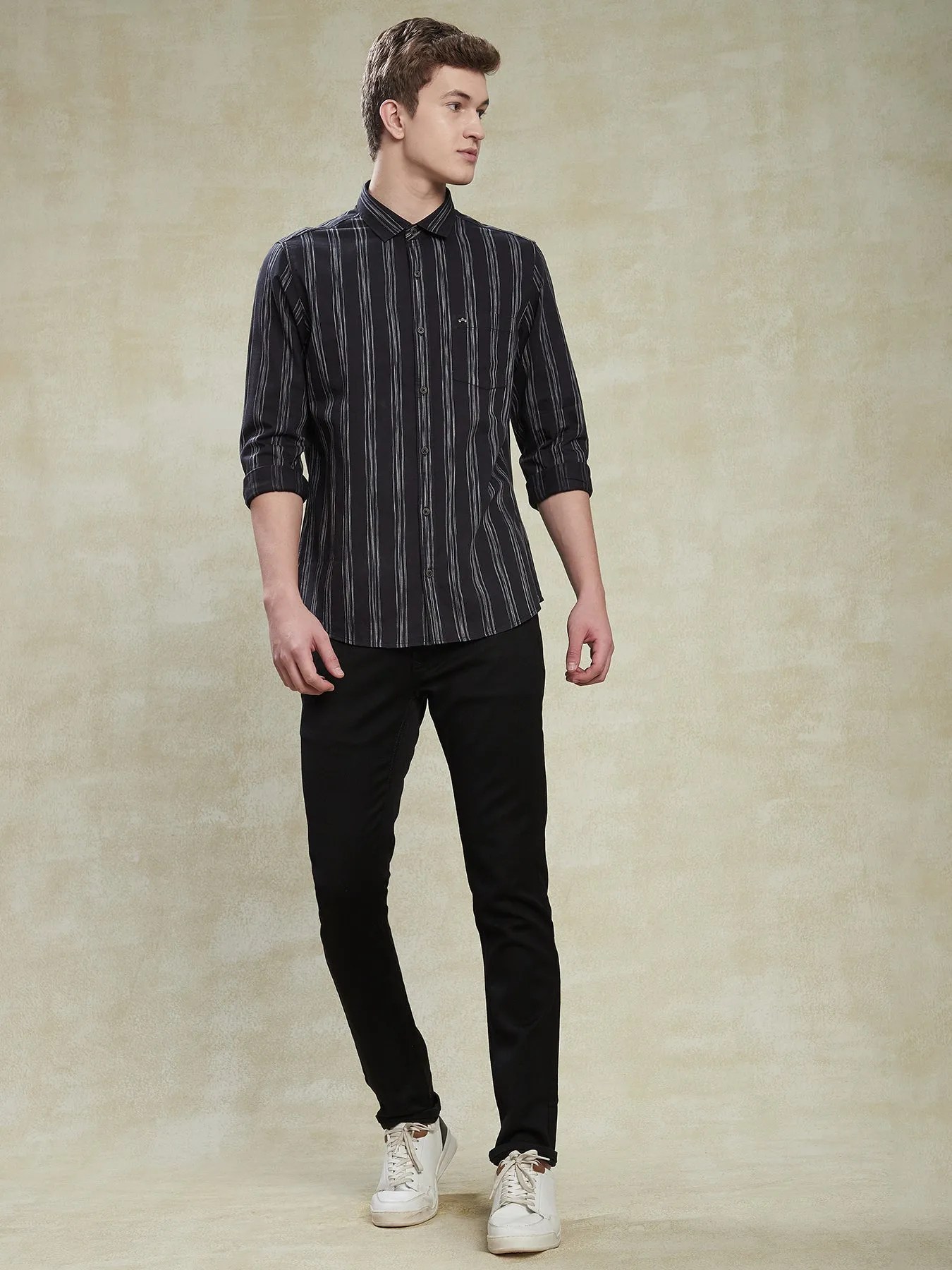 100% Cotton Black Striped Slim Fit Full Sleeve Casual Shirt