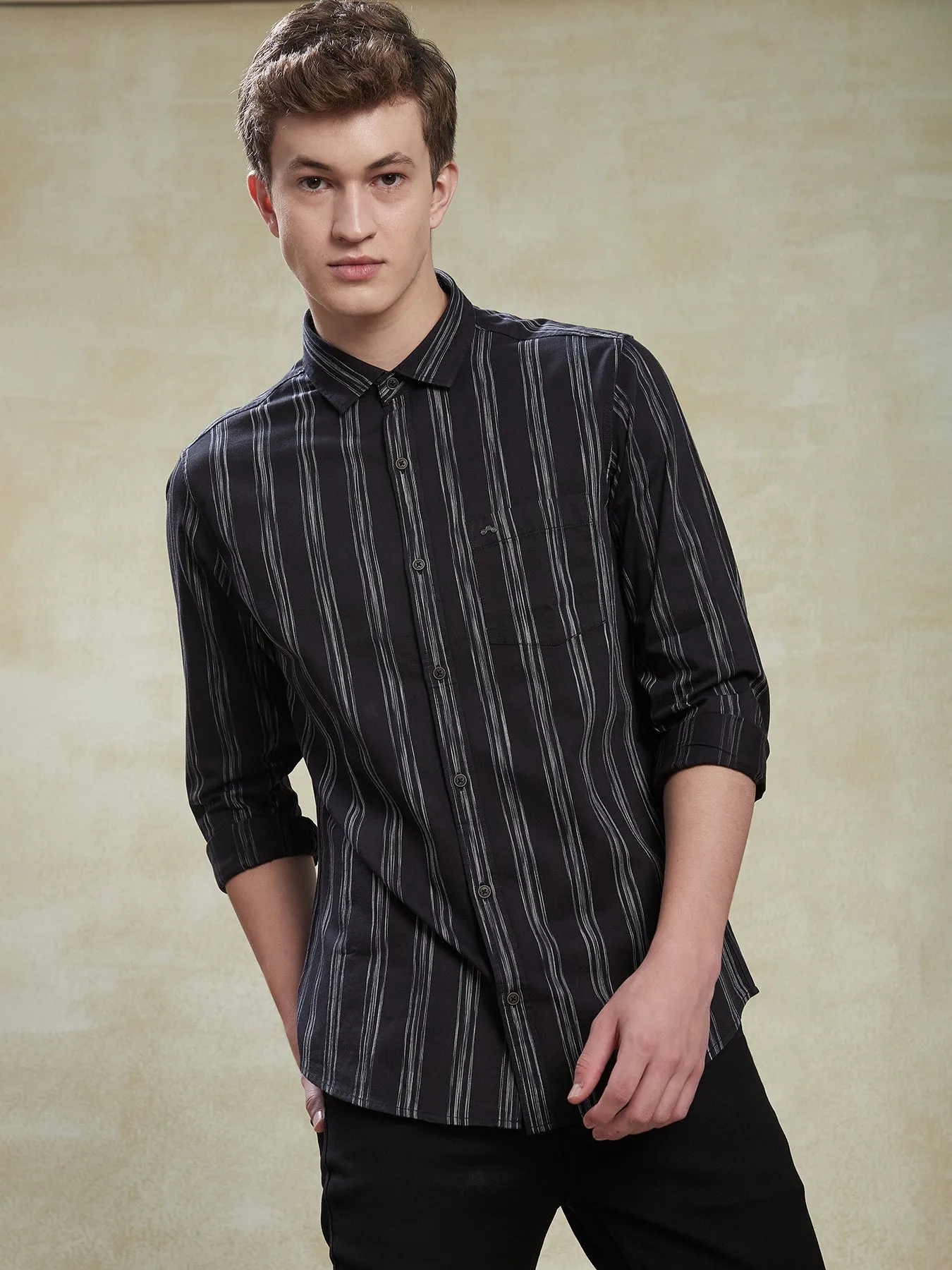 100% Cotton Black Striped Slim Fit Full Sleeve Casual Shirt