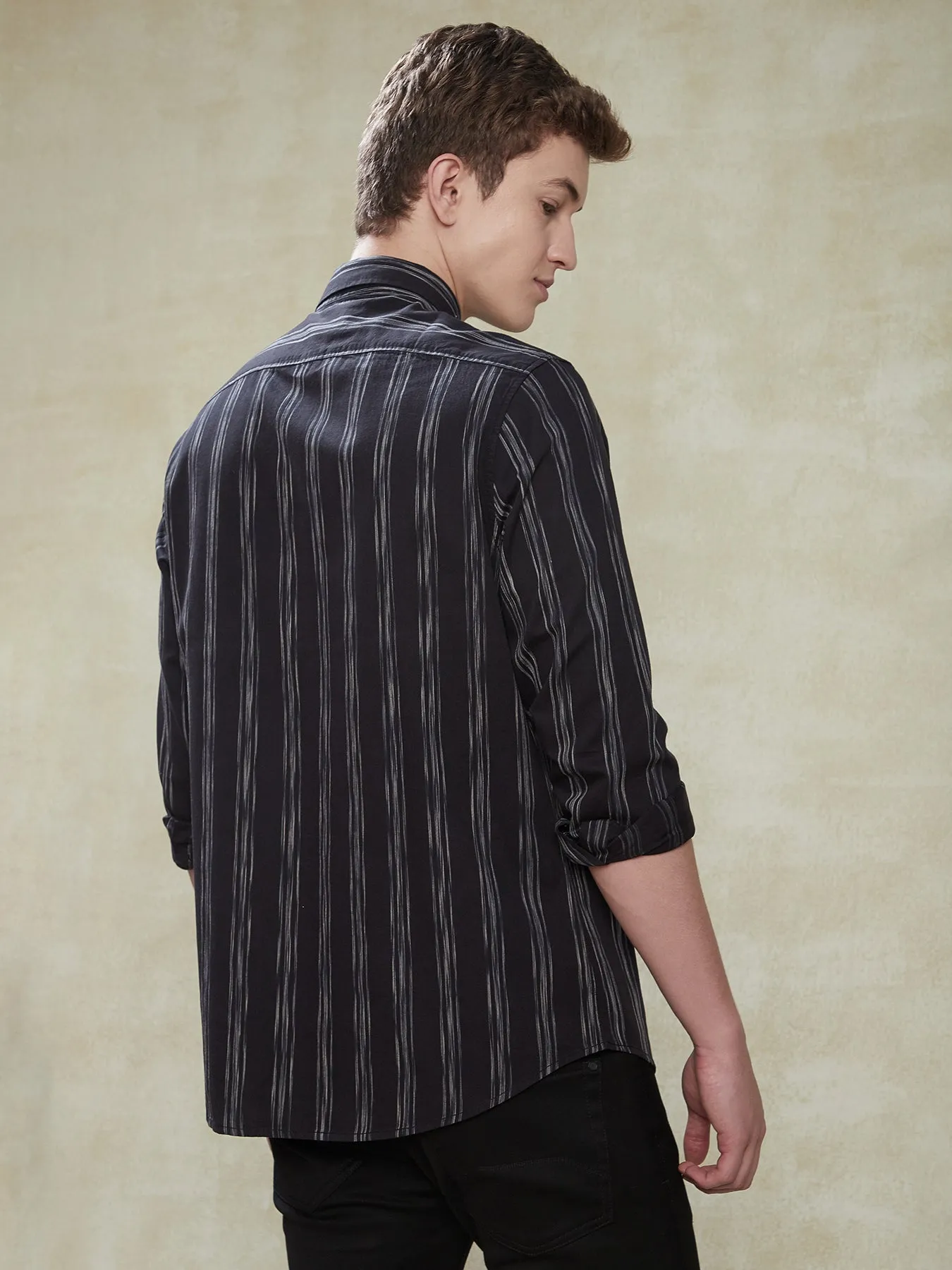 100% Cotton Black Striped Slim Fit Full Sleeve Casual Shirt