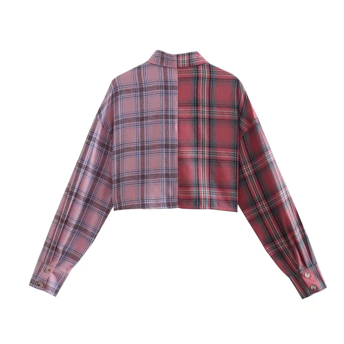 2022 Autumn New Design Contrast Plaid Crop Shirt