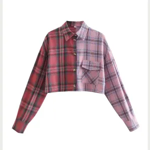 2022 Autumn New Design Contrast Plaid Crop Shirt