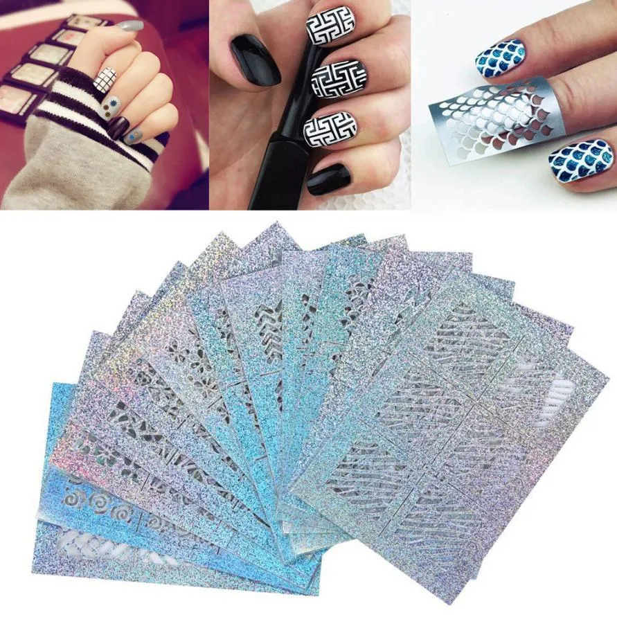 24 Sheets Hollow Irregular Grid Stencil Reusable Nail Stickers