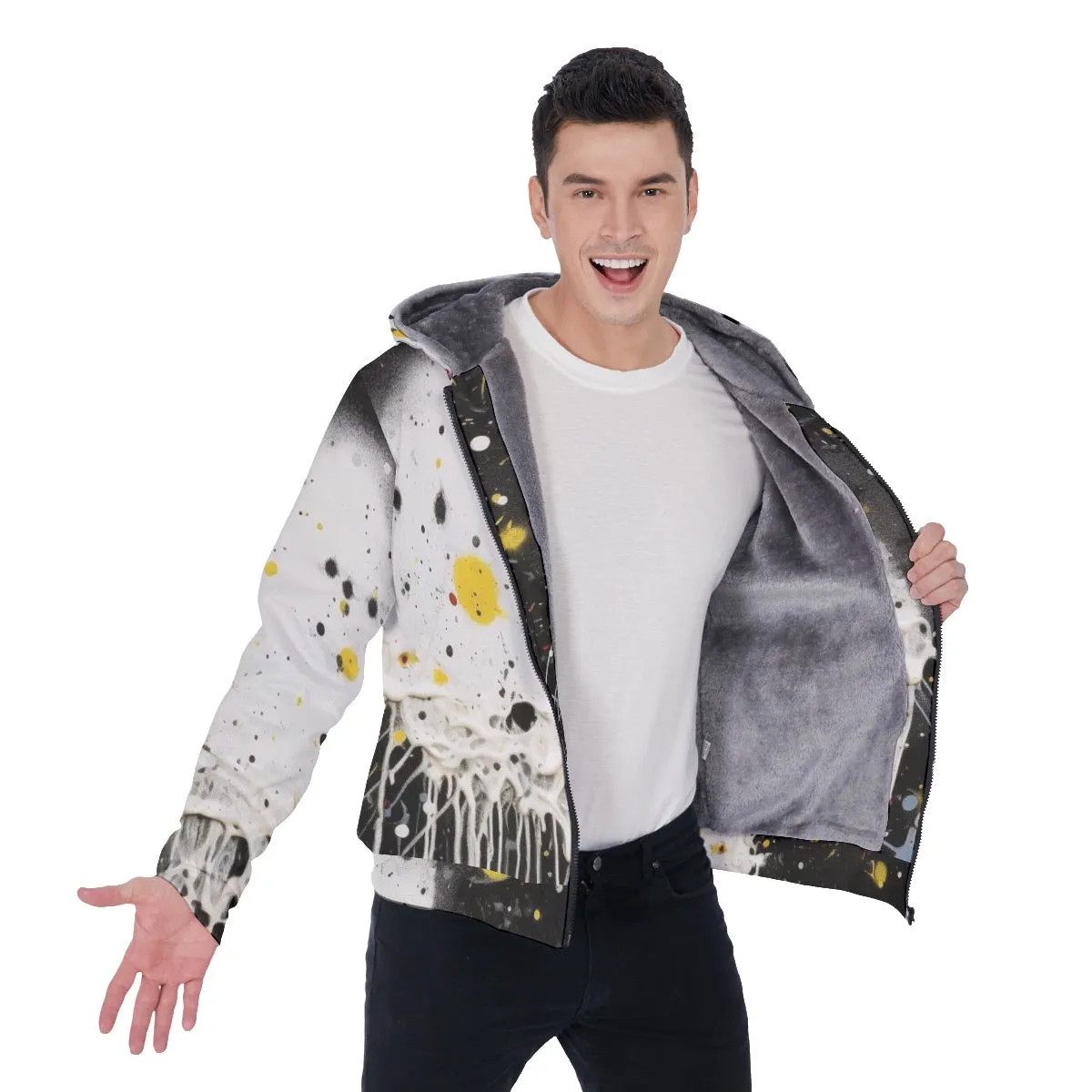 All-Over Print Men's Sherpa Fleece Zip Up Hoodie, black, white abstract, print, #25H