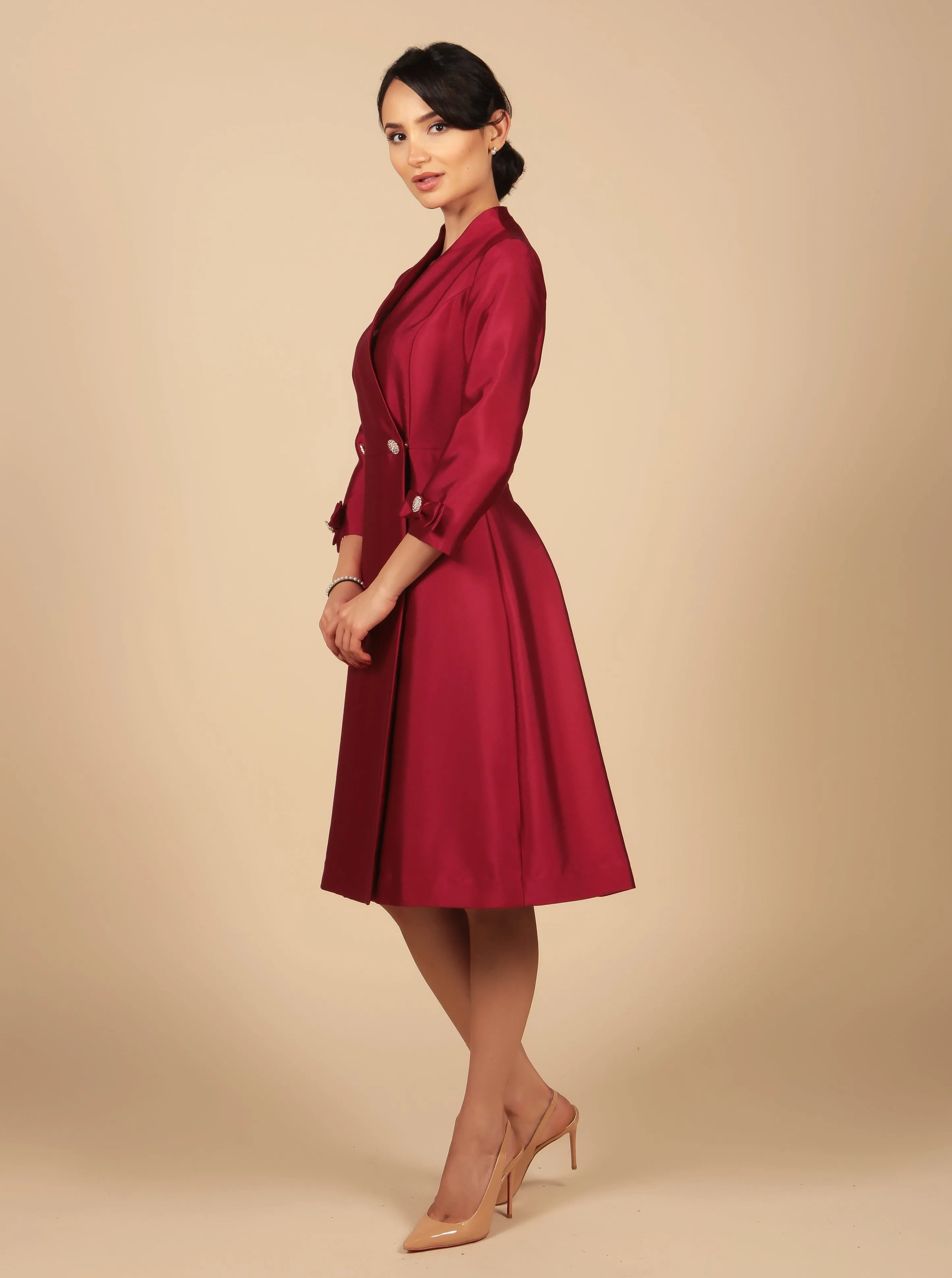 'Astor' Silk and Wool Dress Coat in Rosso