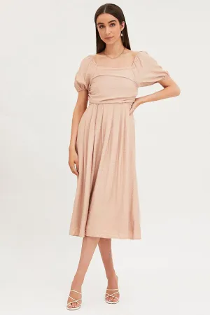 Beige Midi Dress Evening Square Neck