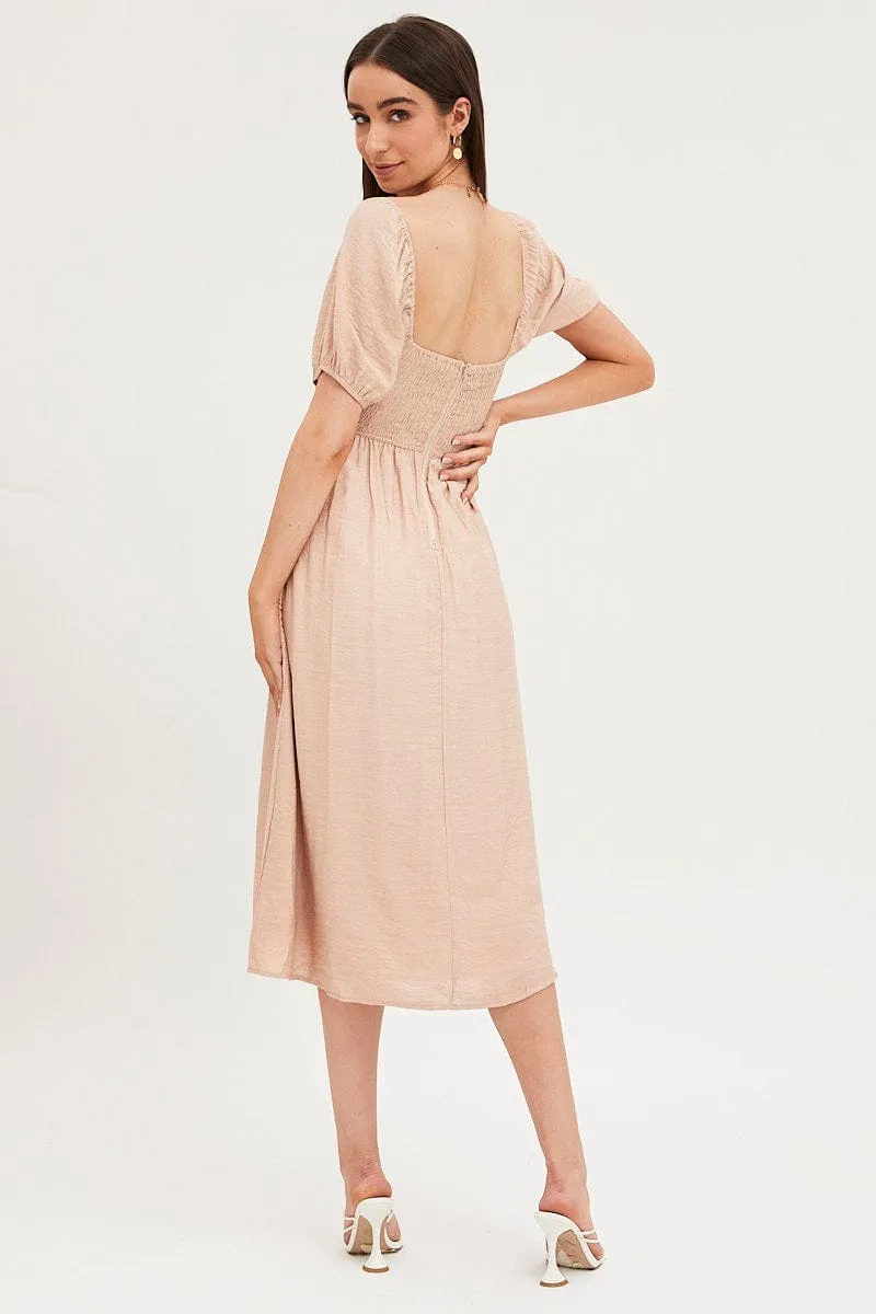 Beige Midi Dress Evening Square Neck