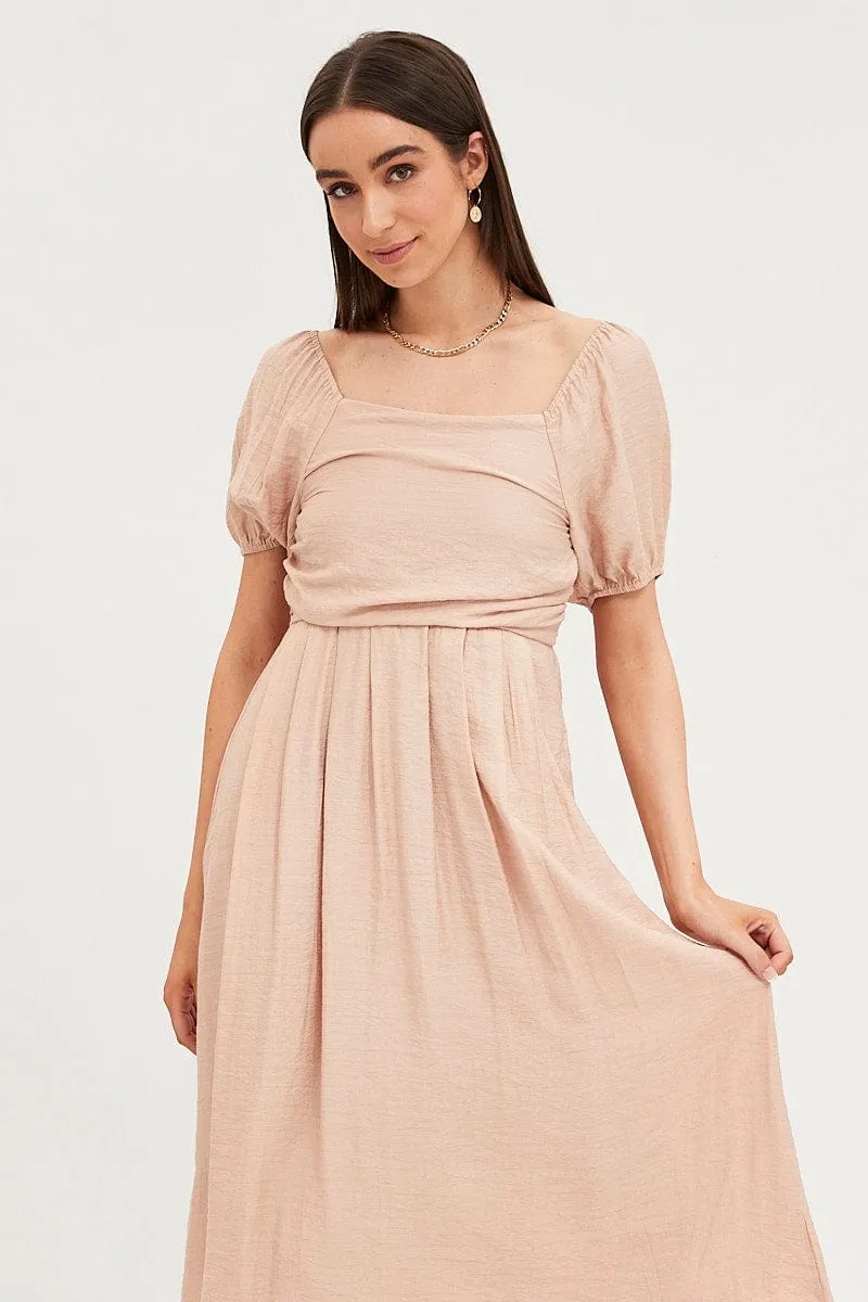 Beige Midi Dress Evening Square Neck