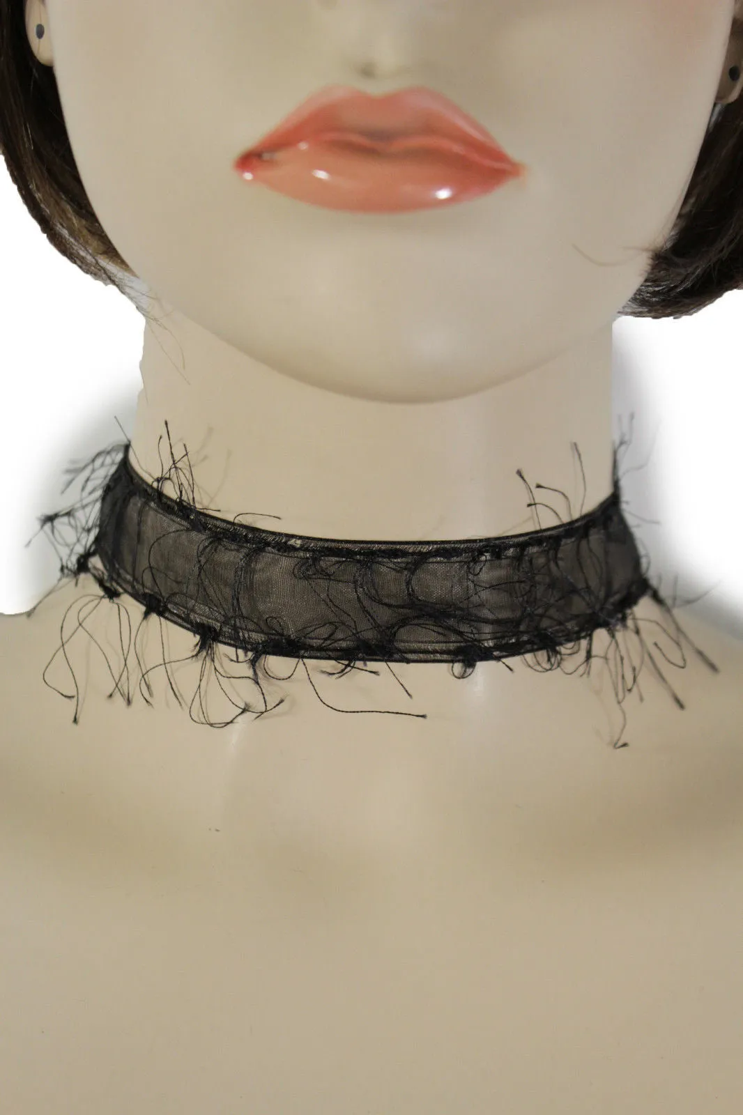 Black Narrow Fabric Fringes Short Gothic Punk Choker Necklace Women Unique