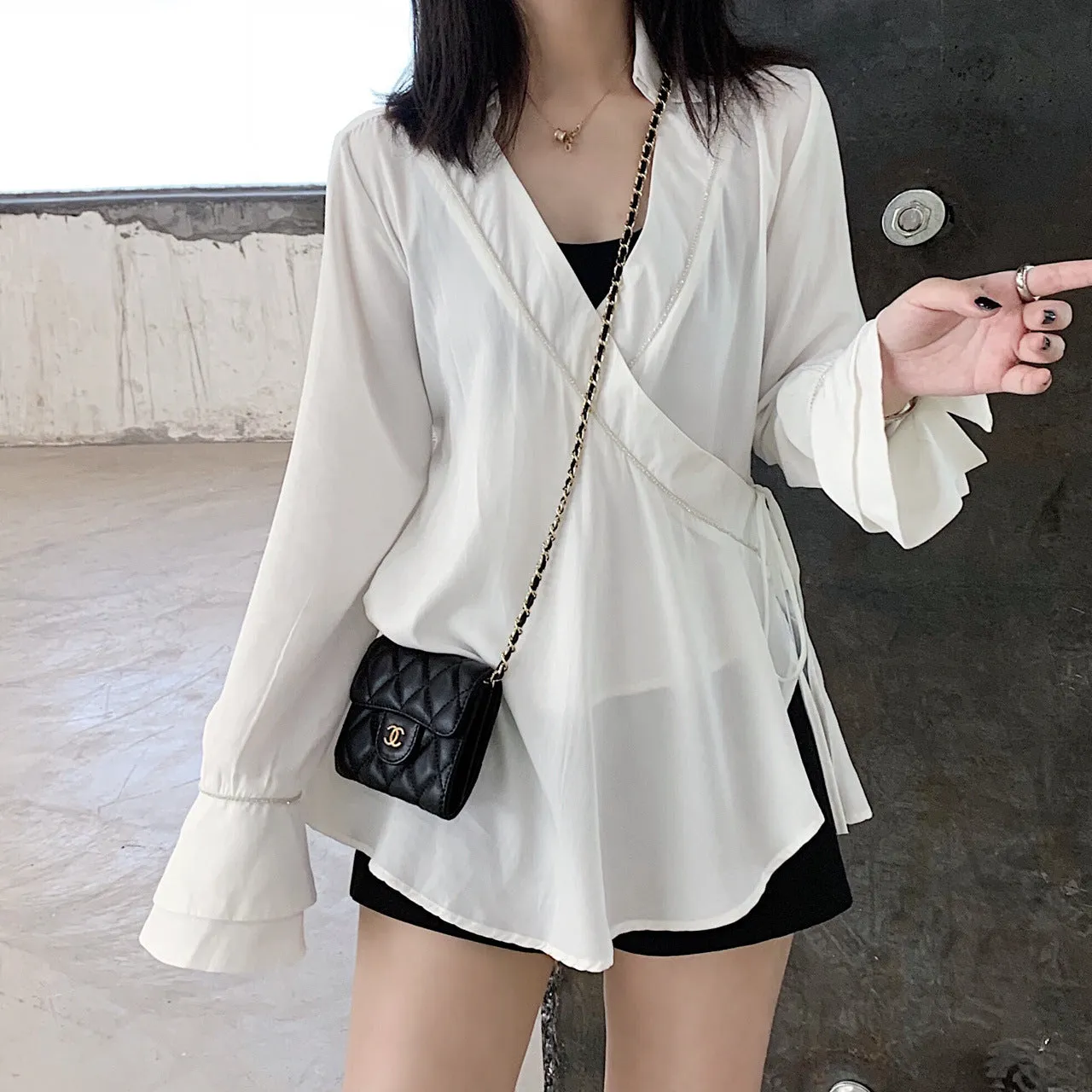 Bling wrap front v neck shirt top