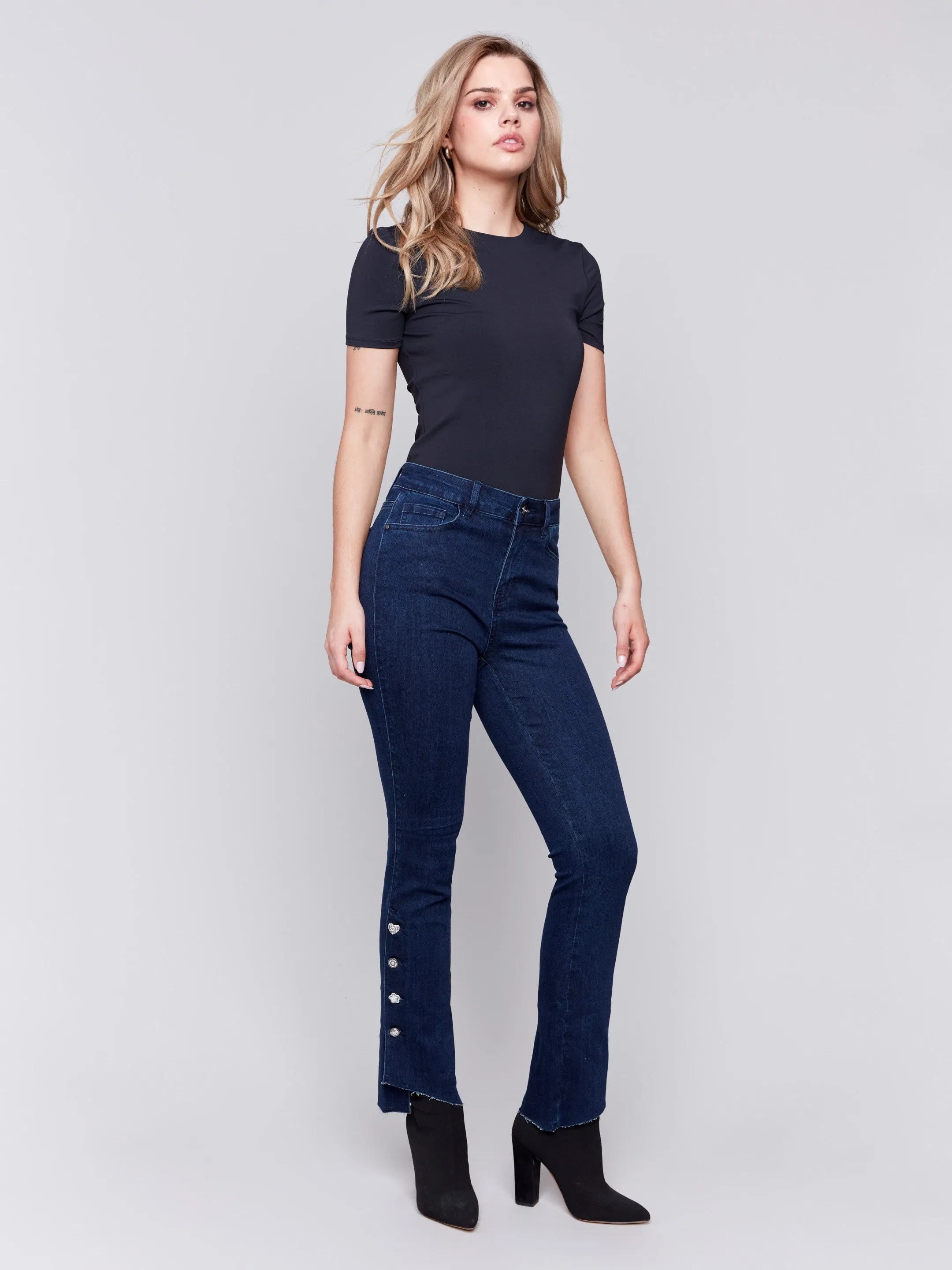 Bootcut Jeans With Gem Buttons - Blue Black