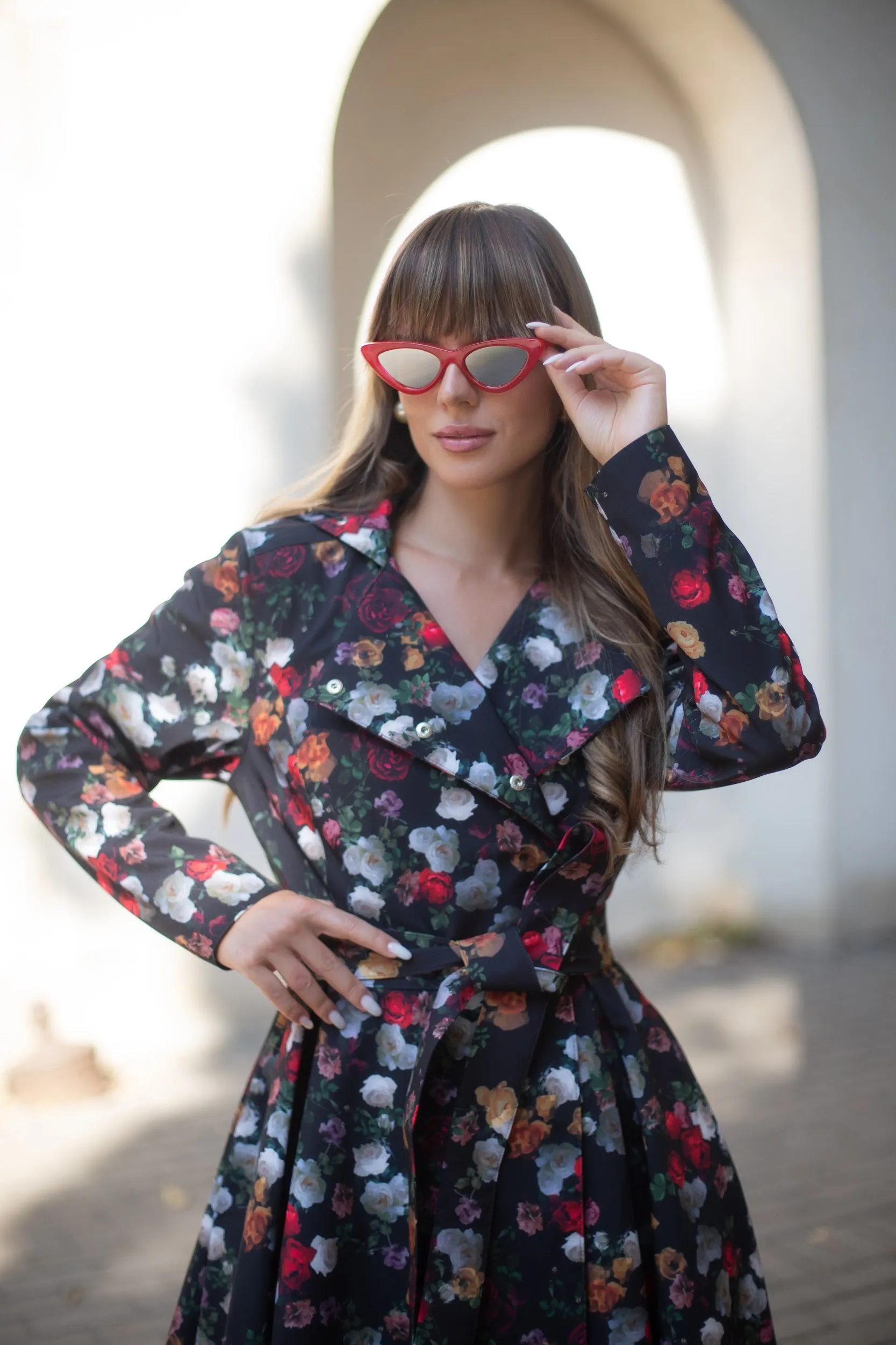 Double Breasted Trench Coat in Black and Red | 'Rose Garden'