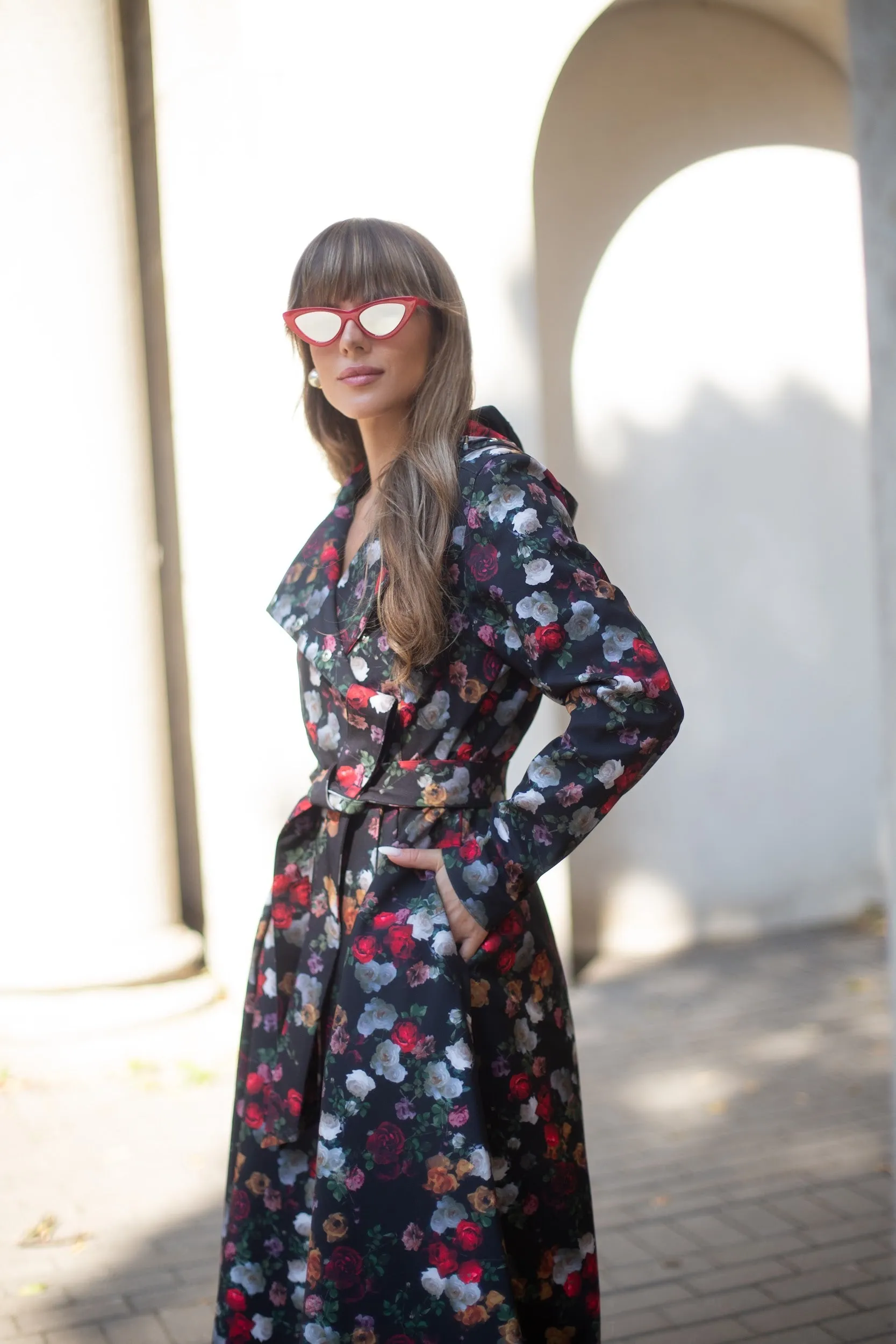 Double Breasted Trench Coat in Black and Red | 'Rose Garden'