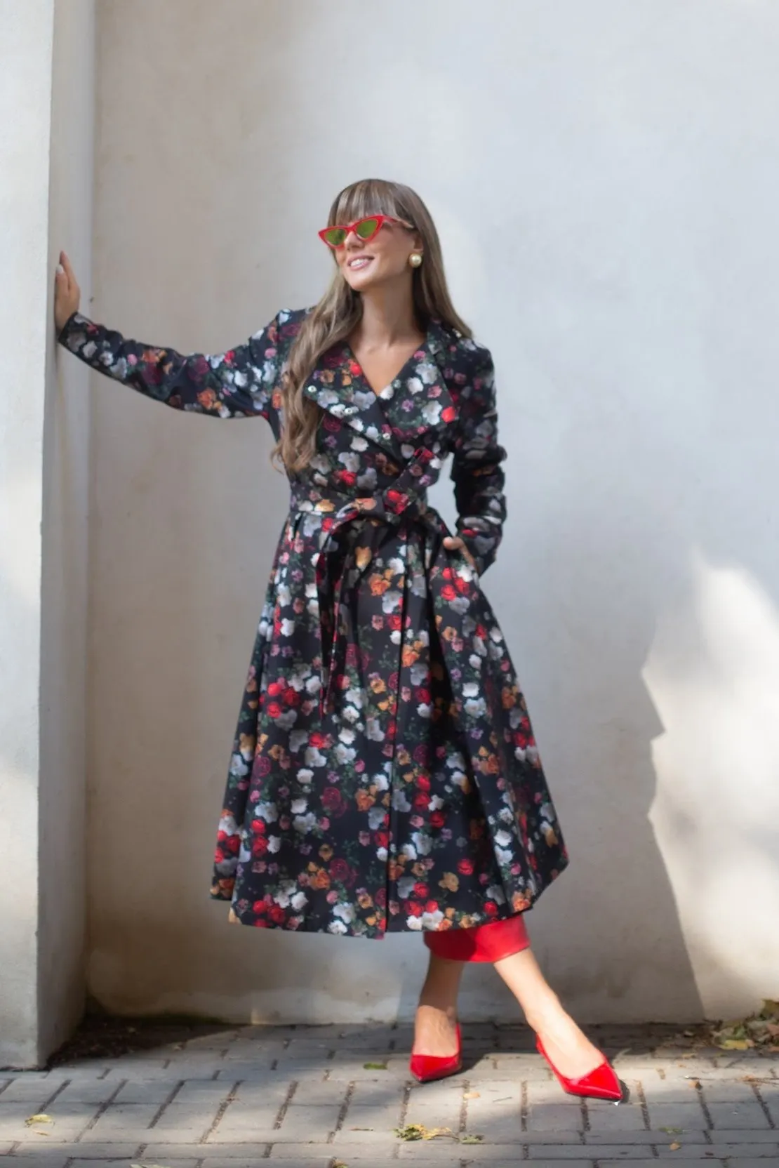 Double Breasted Trench Coat in Black and Red | 'Rose Garden'