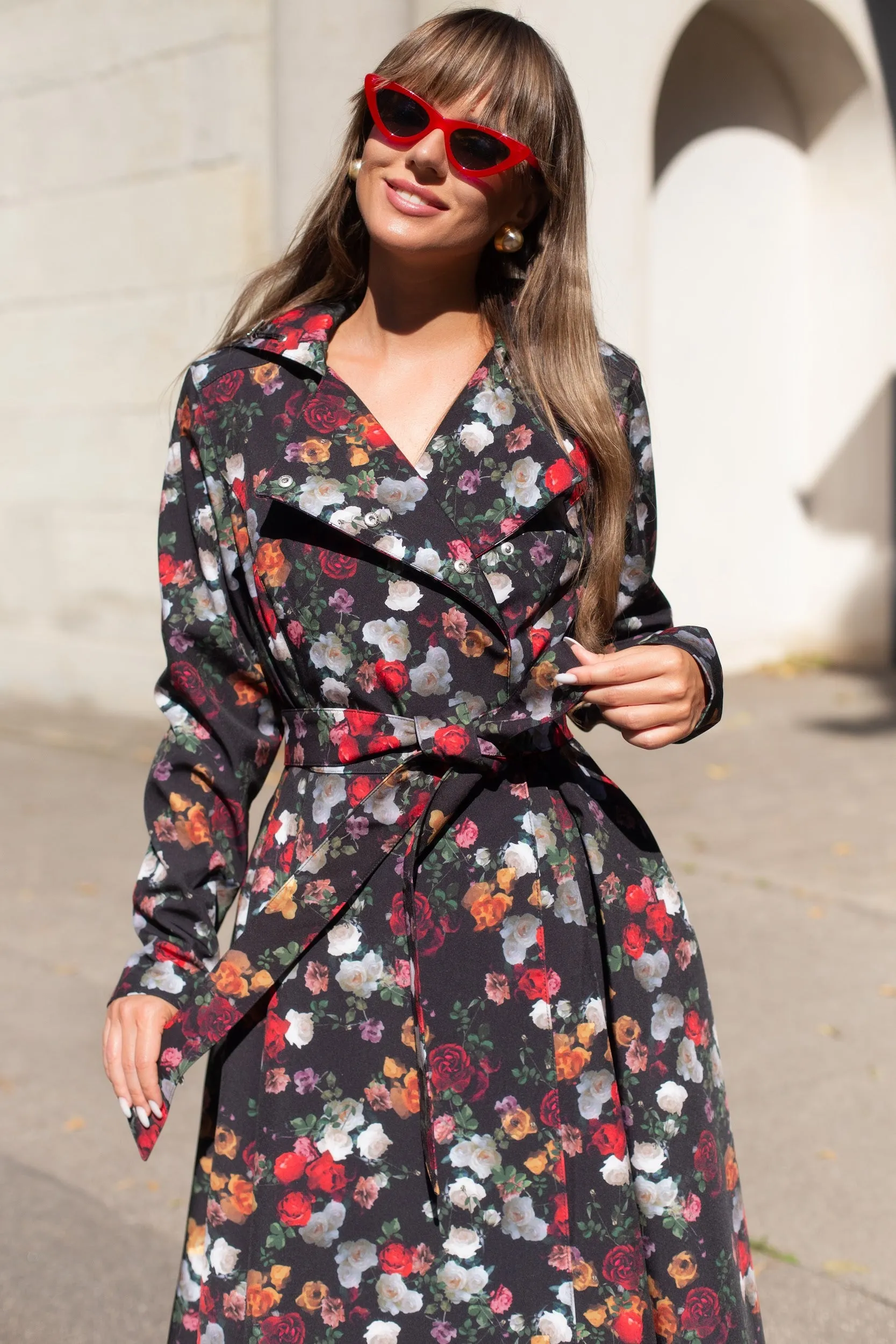 Double Breasted Trench Coat in Black and Red | 'Rose Garden'