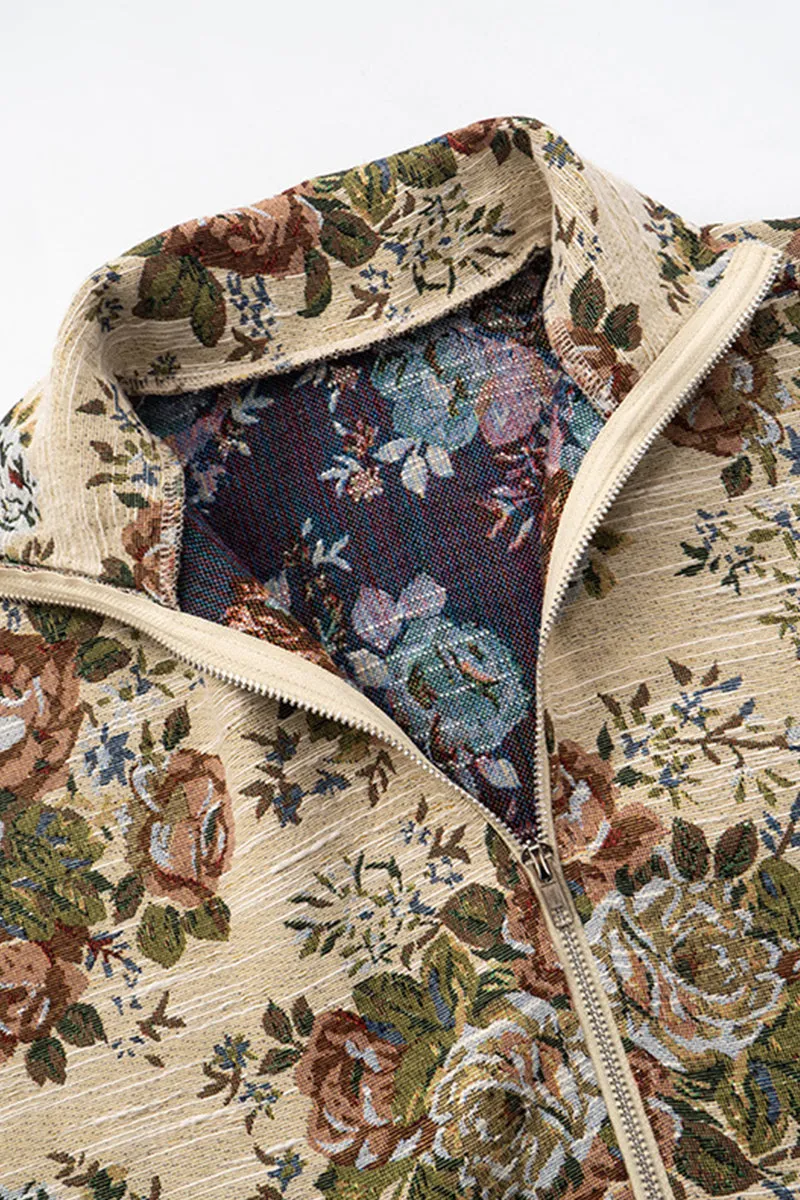 Drawstring Hem Floral Jacquard Zipper Crop Jacket