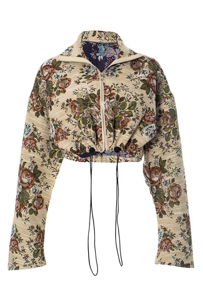 Drawstring Hem Floral Jacquard Zipper Crop Jacket