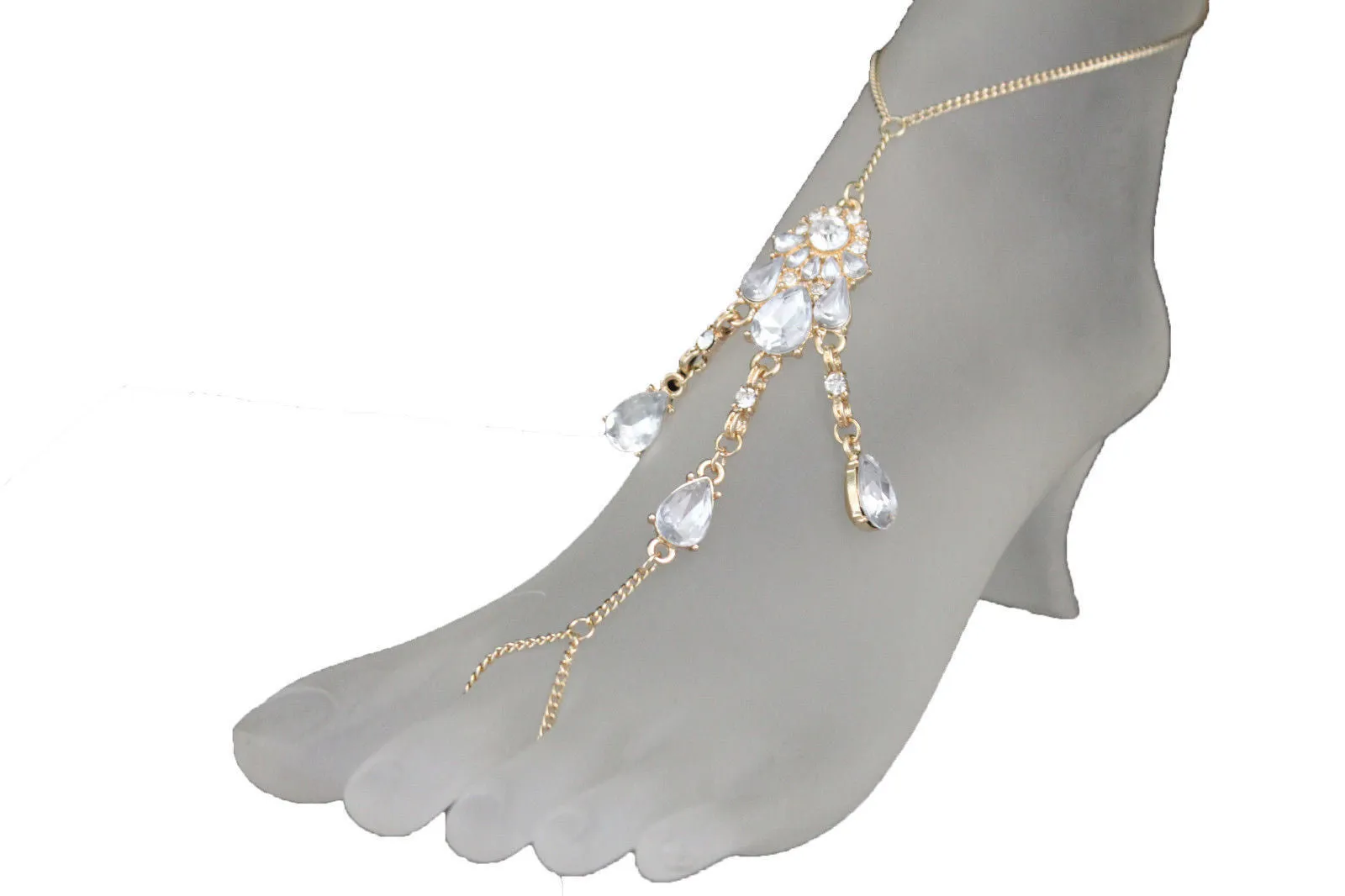 Gold Metal Chains Anklet Ethnic Bling Charm Foot Bracelet Clear Stones Accessories