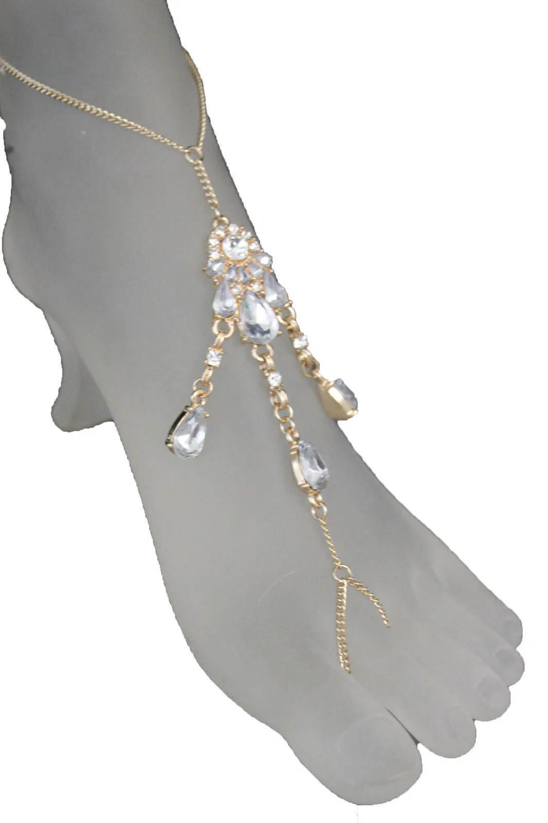 Gold Metal Chains Anklet Ethnic Bling Charm Foot Bracelet Clear Stones Accessories