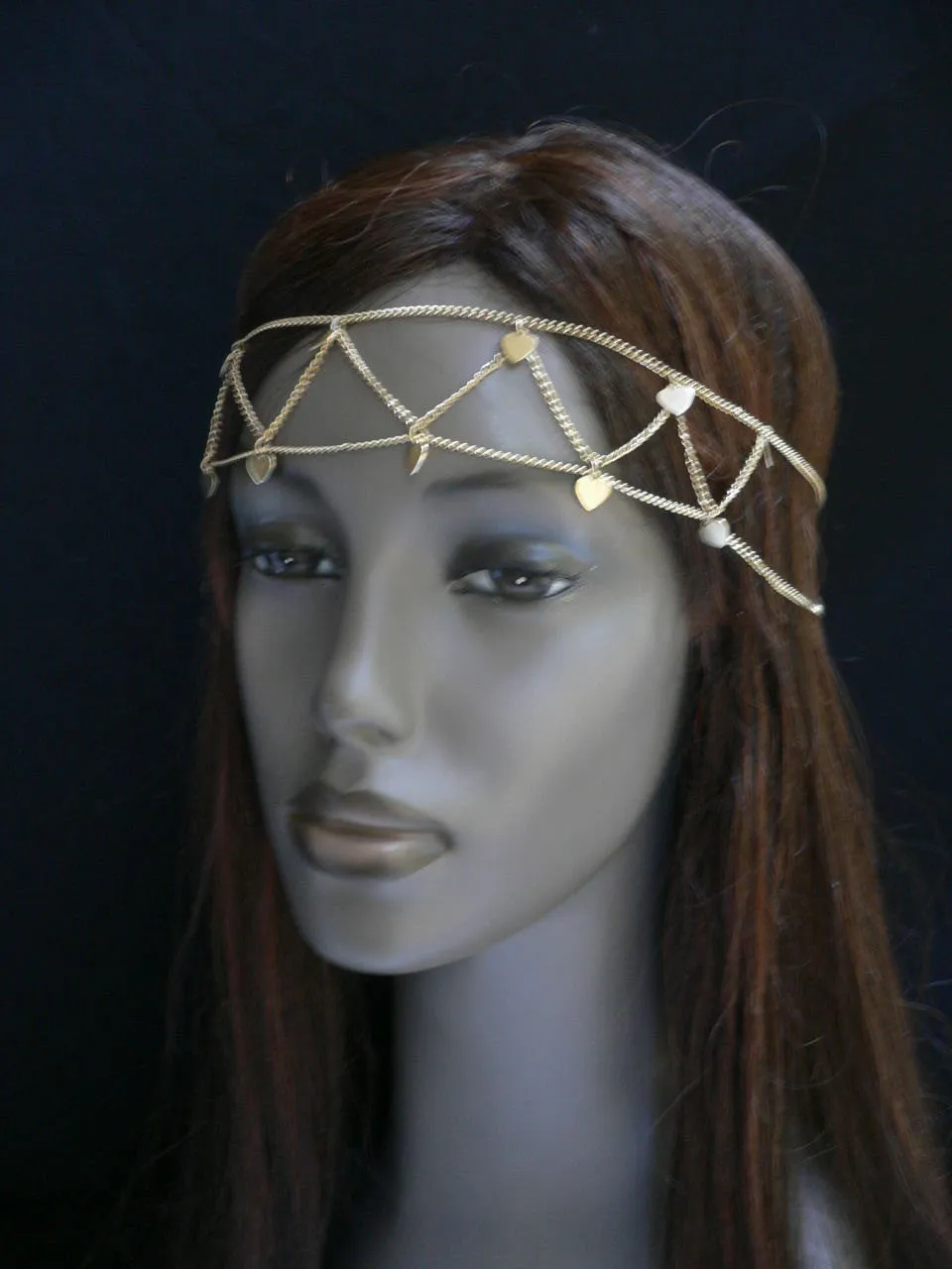 Gold Metal Head Band Chain Multi Hearts Jewelry Hair Casual