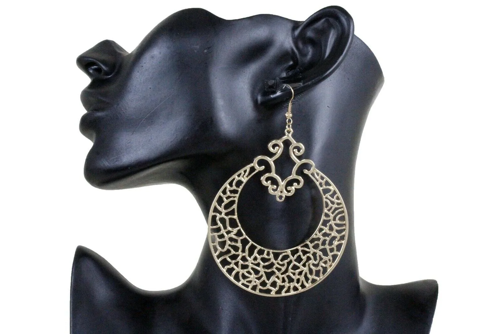 Gold Women Big Round Metal Bling Ethnic Style Fashion Earrings Set