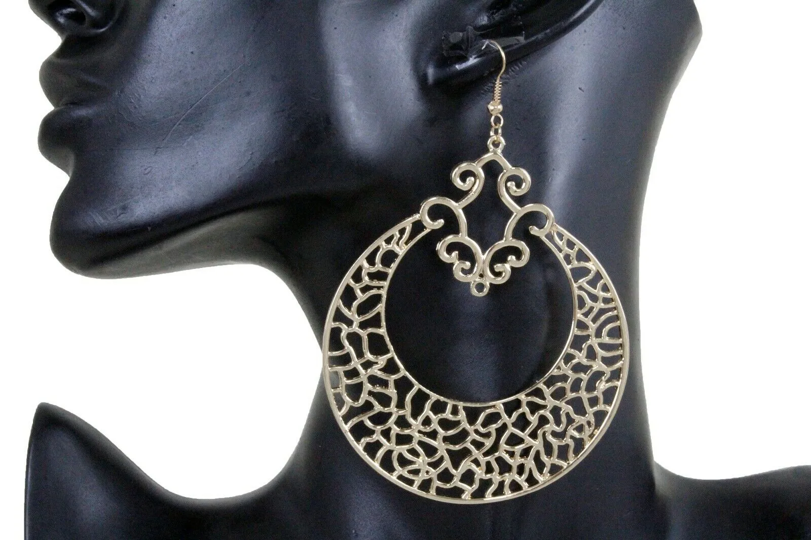 Gold Women Big Round Metal Bling Ethnic Style Fashion Earrings Set