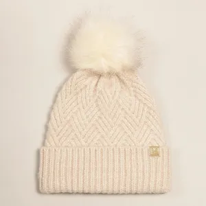 Hat | Beige Chevron Knit Cuff Beanie w Faux Fur Pom | Fashion City