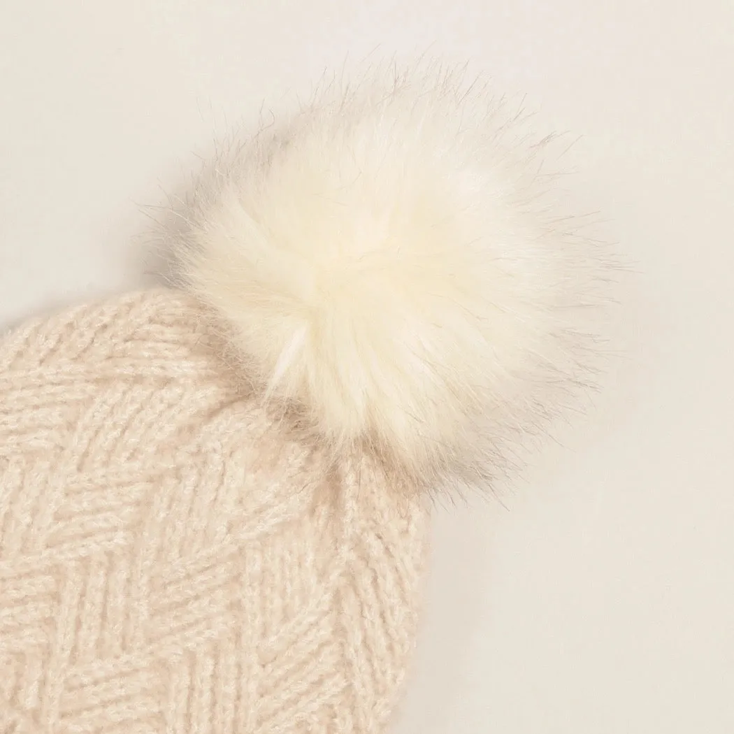 Hat | Beige Chevron Knit Cuff Beanie w Faux Fur Pom | Fashion City