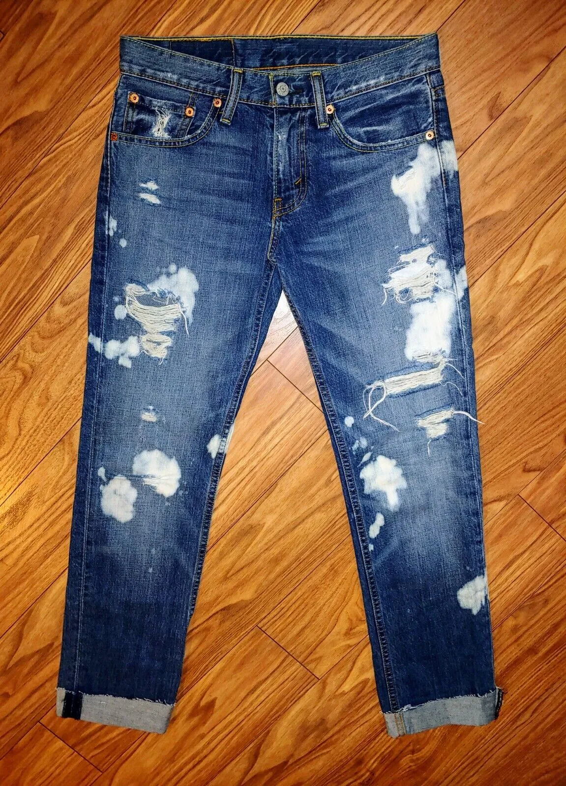 LEVIS 511 Preloved Distressed Slim Crop Medium Wash Bleached Denim Jeans Size 28