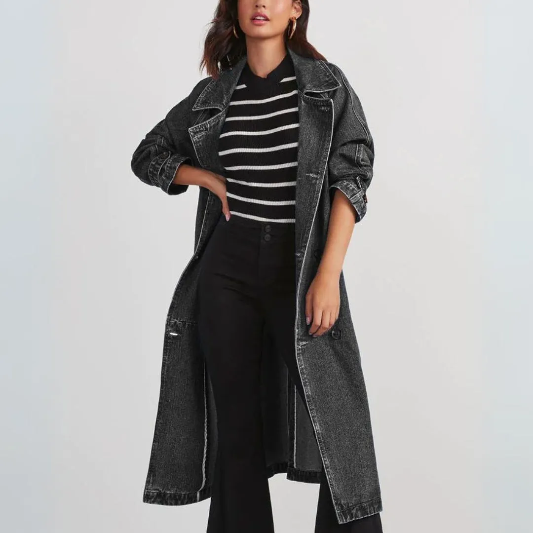 Long denim trench coat for women