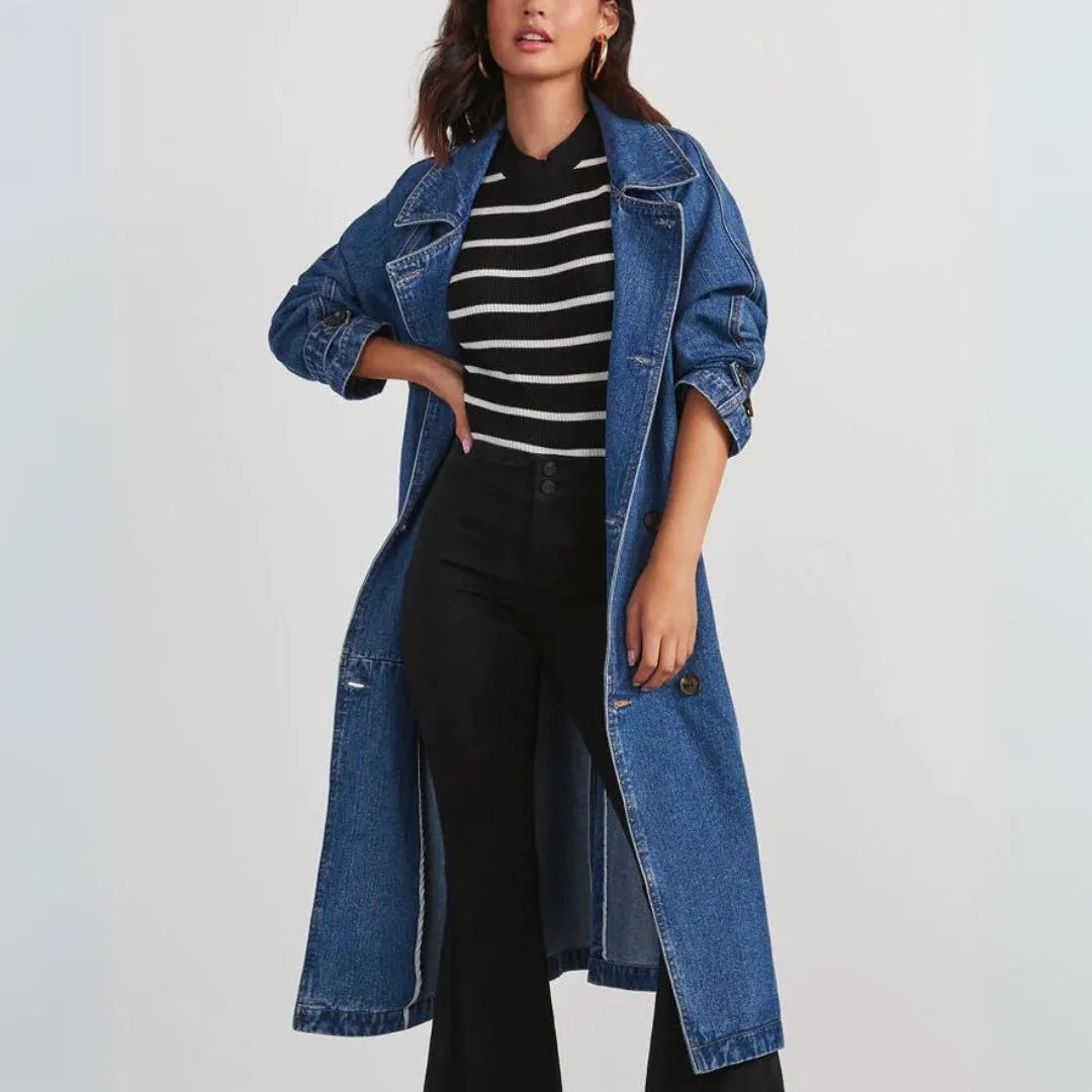 Long denim trench coat for women