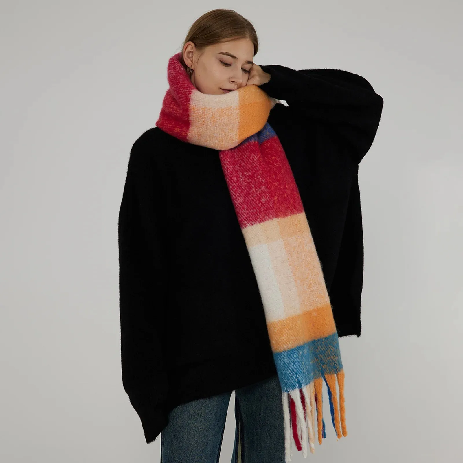 Long Thick Warm Contrast Color Tassel Elegant Minimalist Autumn Winter Scarf