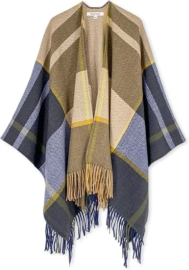 Majolica Blue Winter Chic Plaid Poncho Cardigan