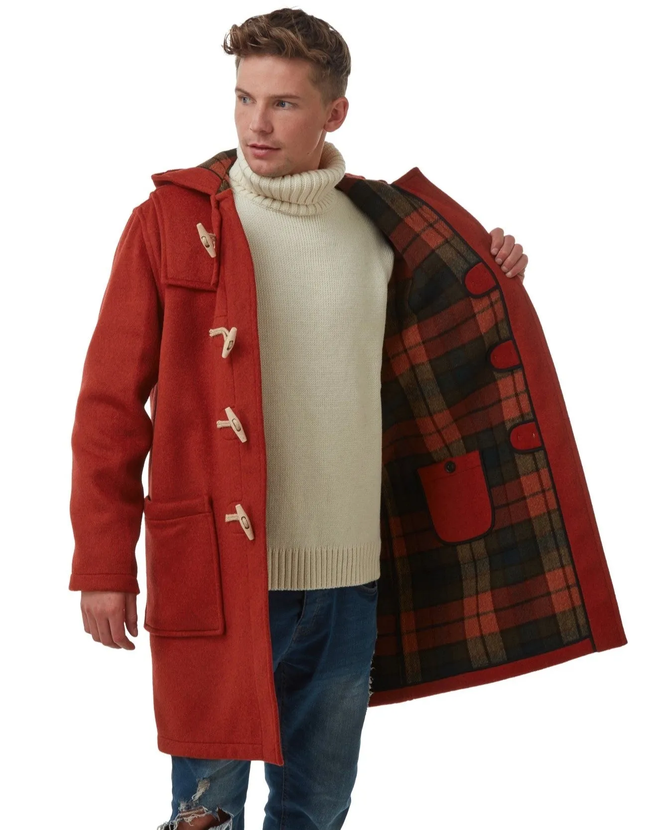 Men's Classic Fit Duffle Coat with Wooden Toggles - Burnt Orange