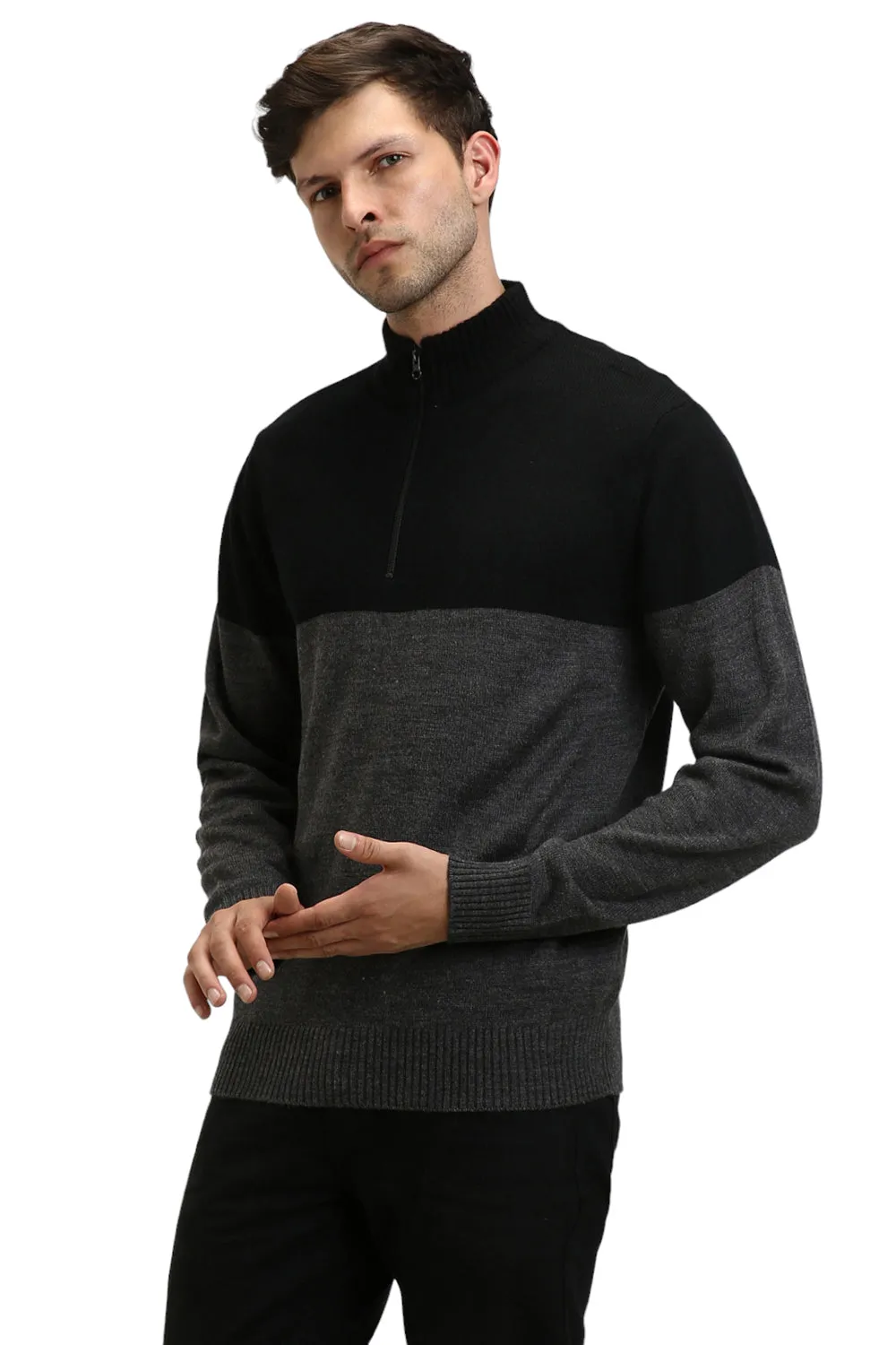 Men's Mock Regular Fit Colourblock Black Sweater