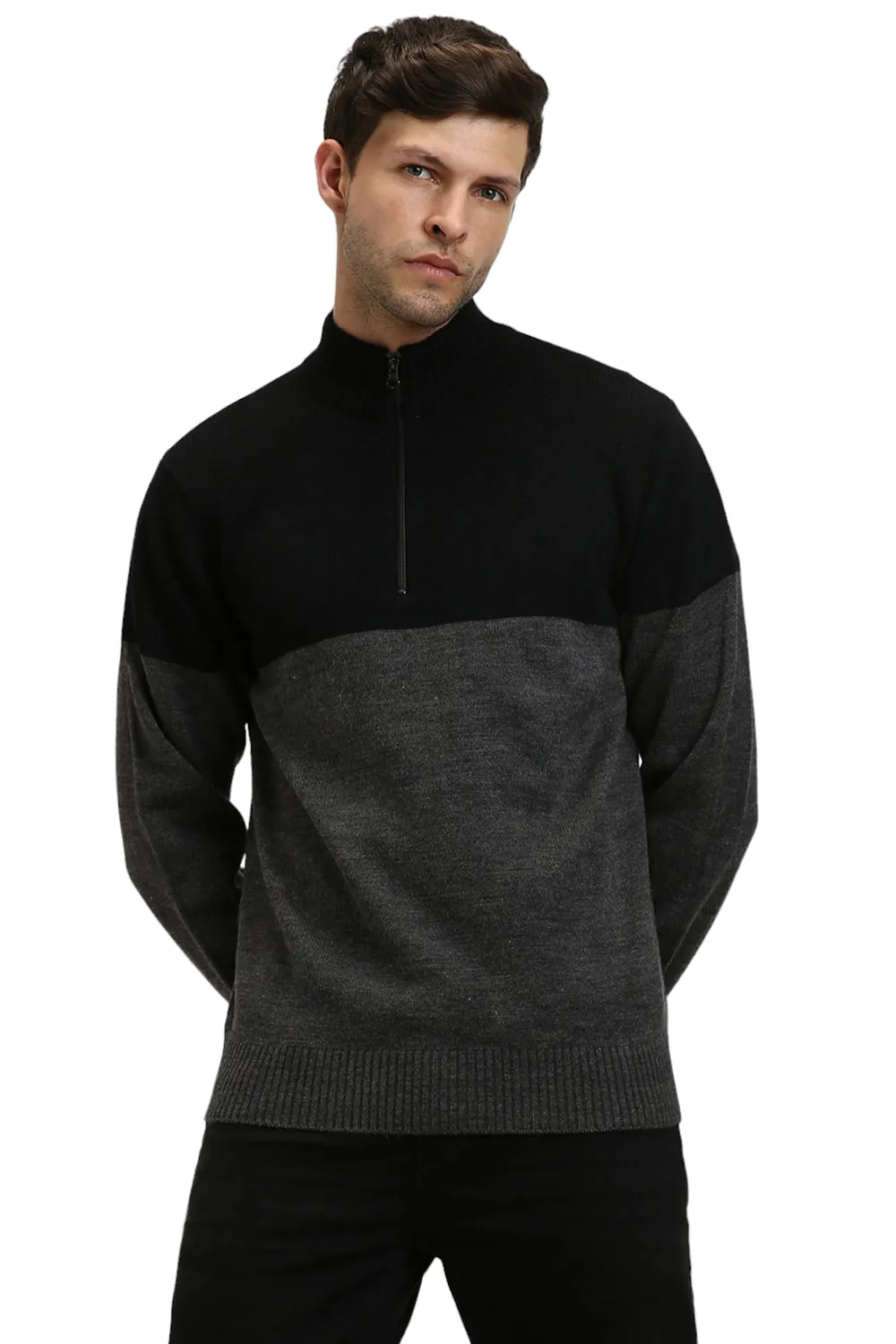 Men's Mock Regular Fit Colourblock Black Sweater