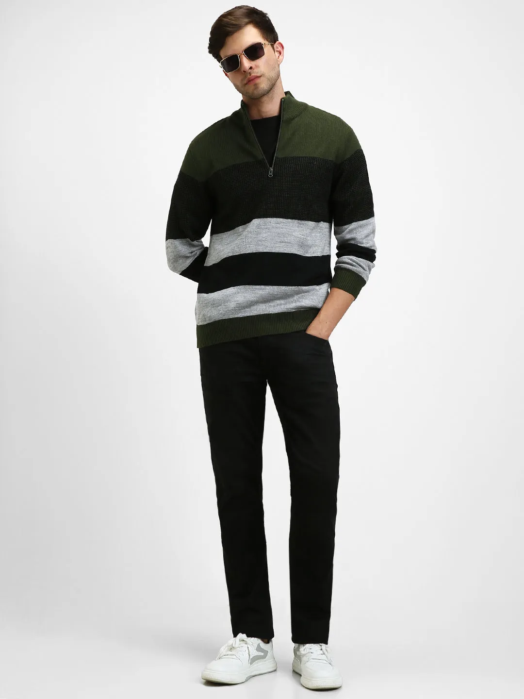 Men's Mock Regular Fit Striper Olive Sweater