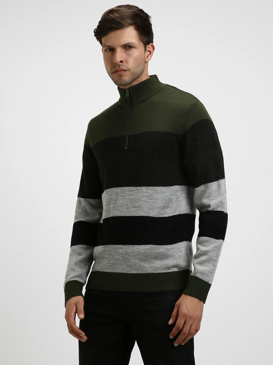 Men's Mock Regular Fit Striper Olive Sweater