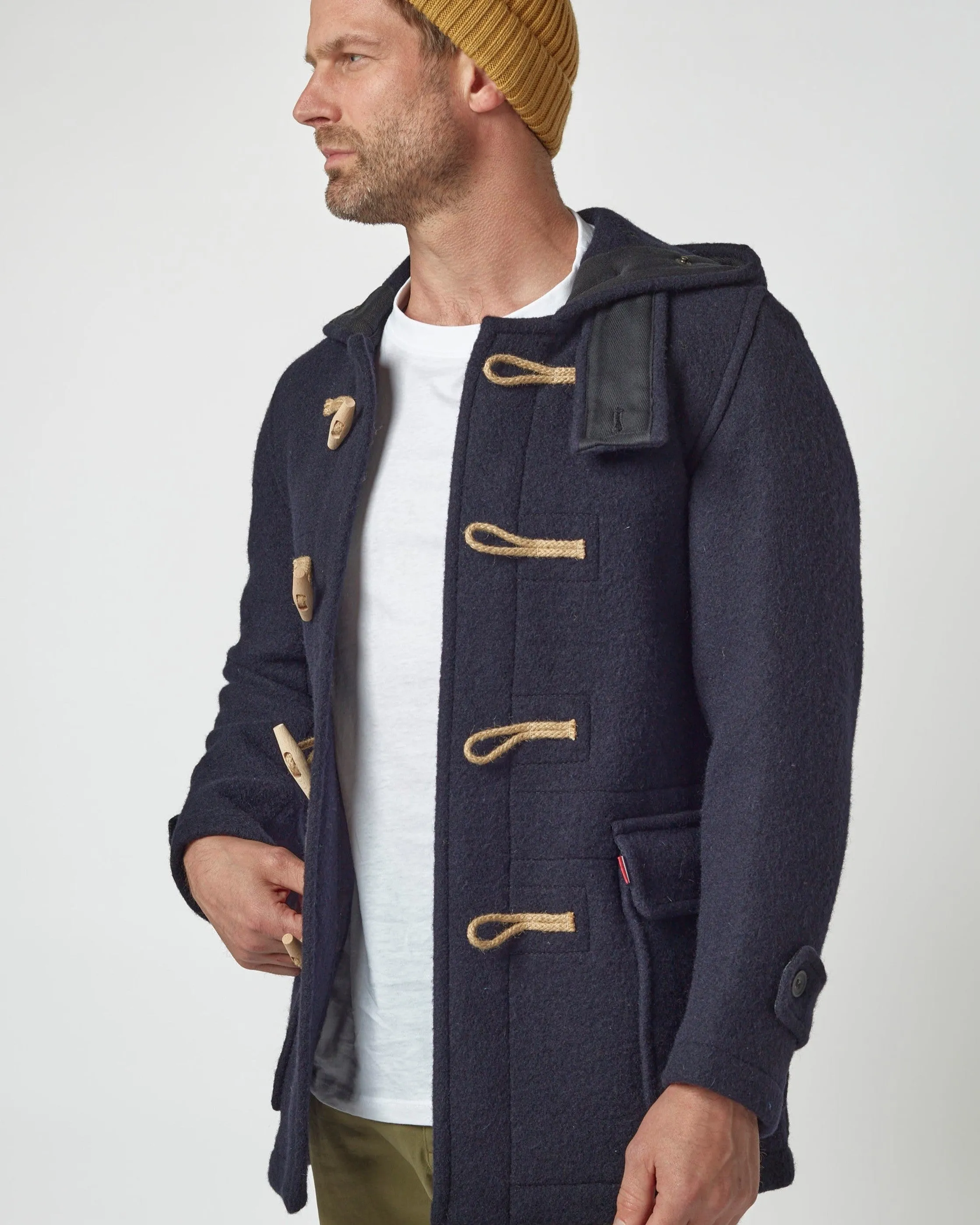 Men's Super Slim Gion Duffle Coat in Raw Wool - Navy