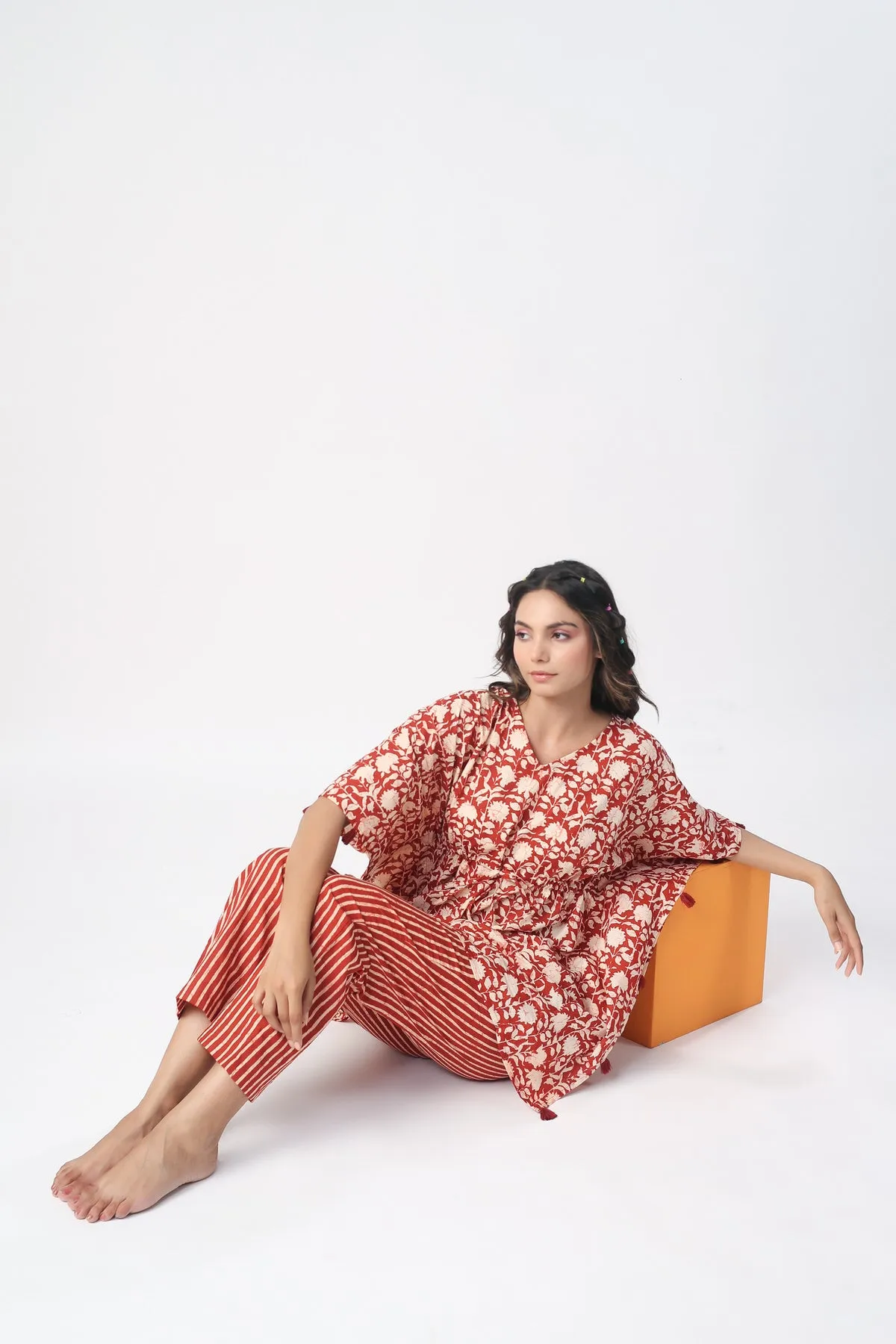 Monochrome maroon Jaal with Stripes Cotton Kaftan Pajama set