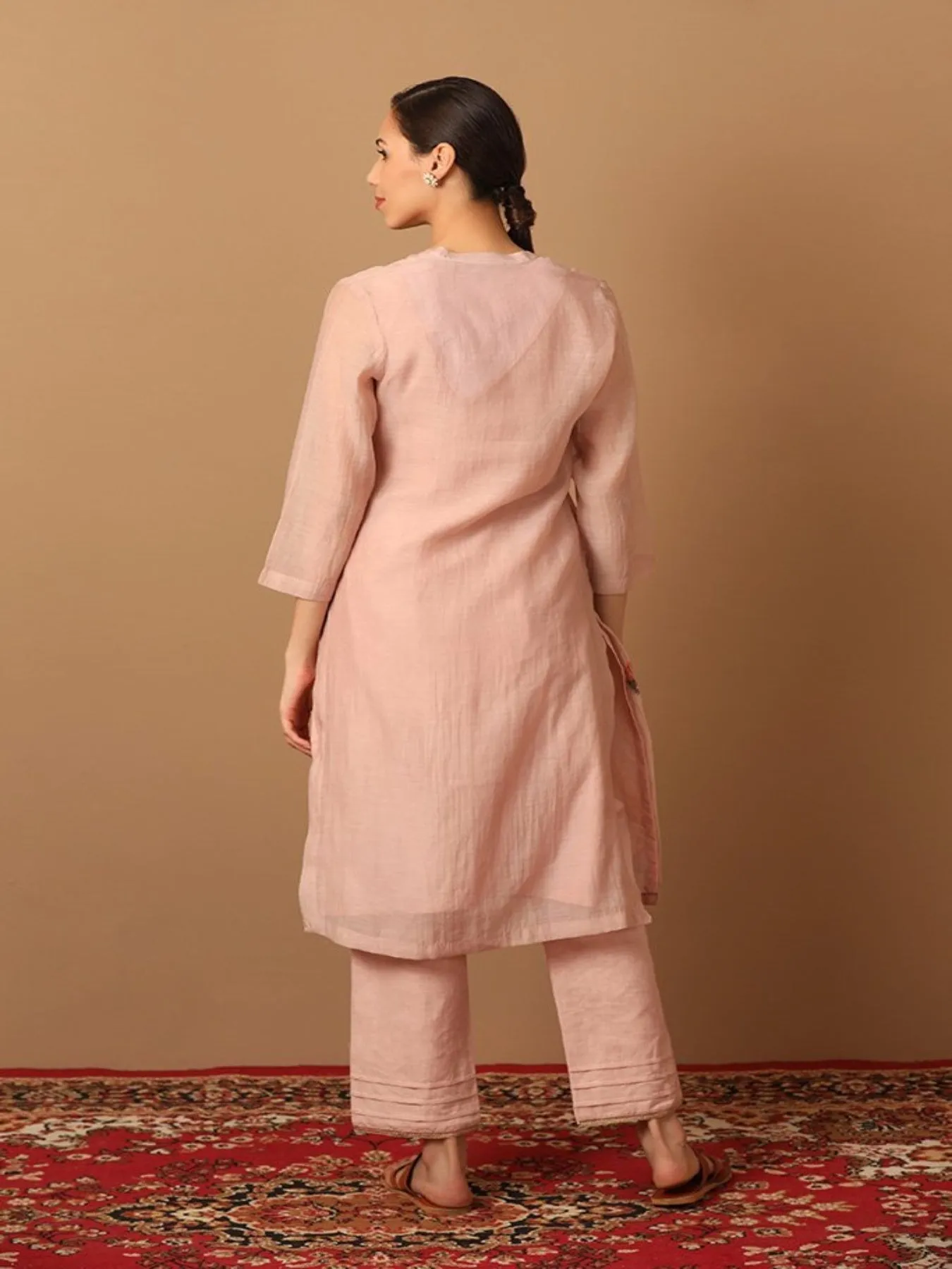 Peachy Fusion Kurta Set With Dainty Thread Work