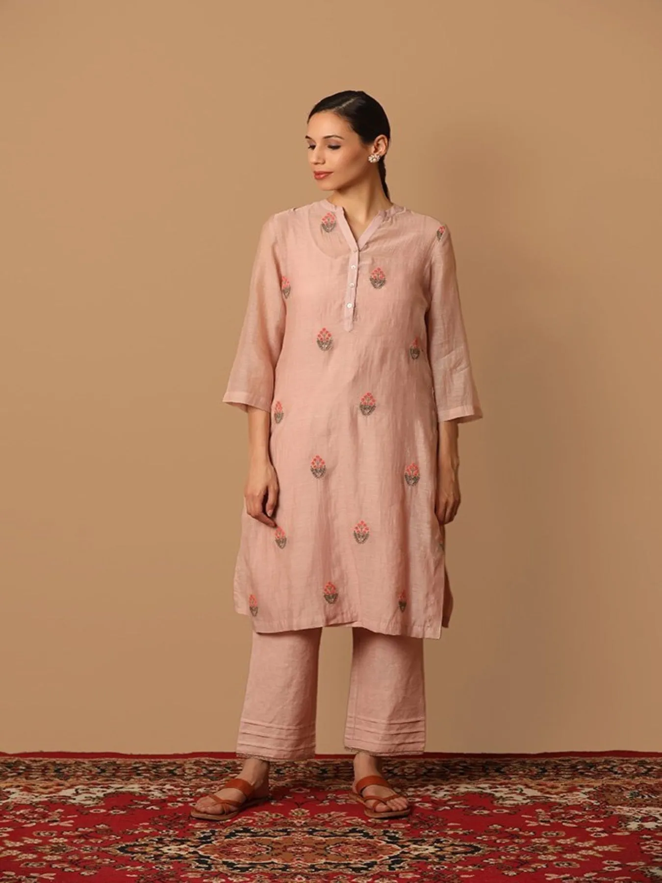 Peachy Fusion Kurta Set With Dainty Thread Work