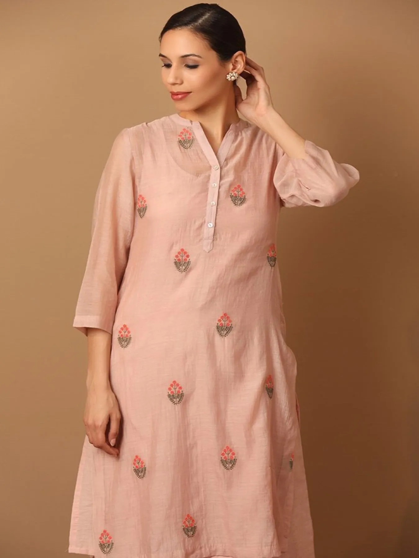 Peachy Fusion Kurta Set With Dainty Thread Work