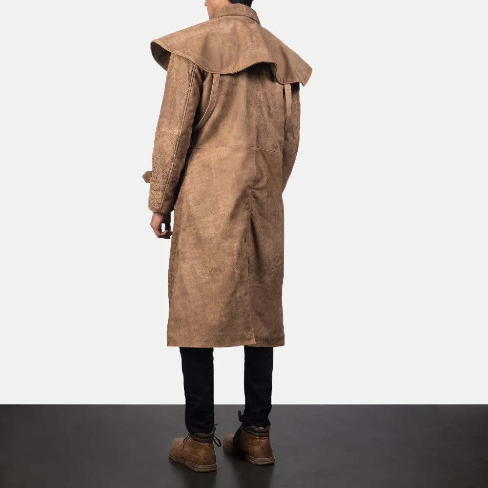 Sheepskin Brown Leather Trench Duster Coat For Men