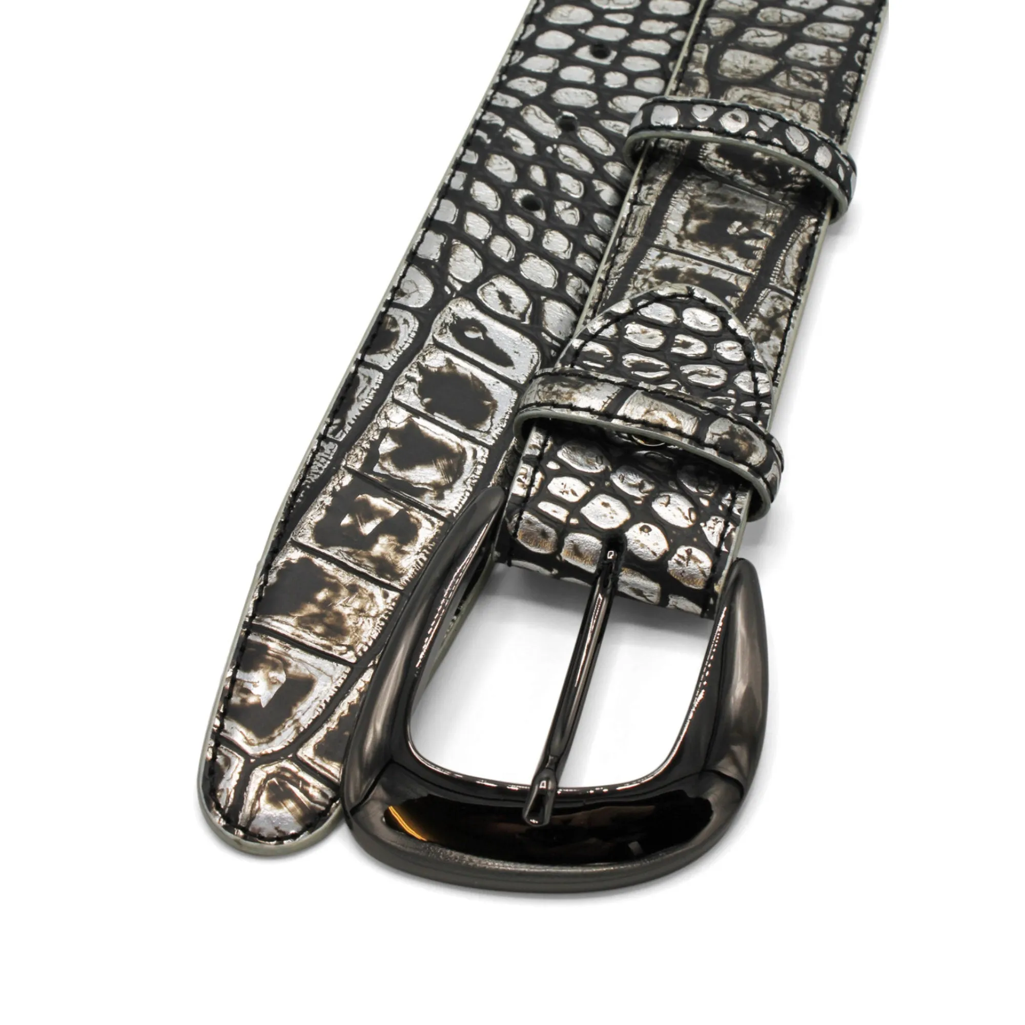 Silver Mirror Metallic Mock Croc Gunmetal Belt