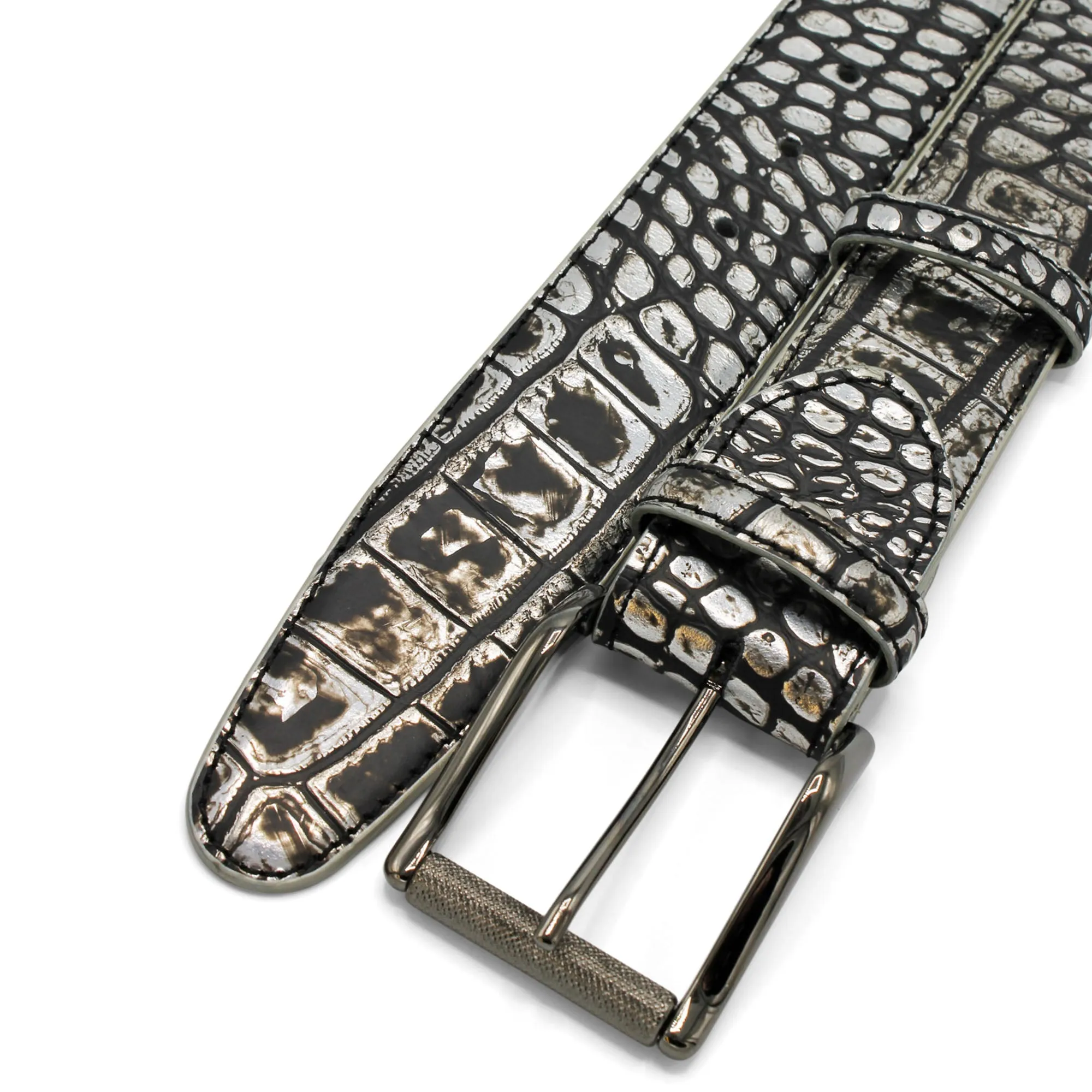 Silver Mirror Metallic Mock Croc Gunmetal Roller Belt