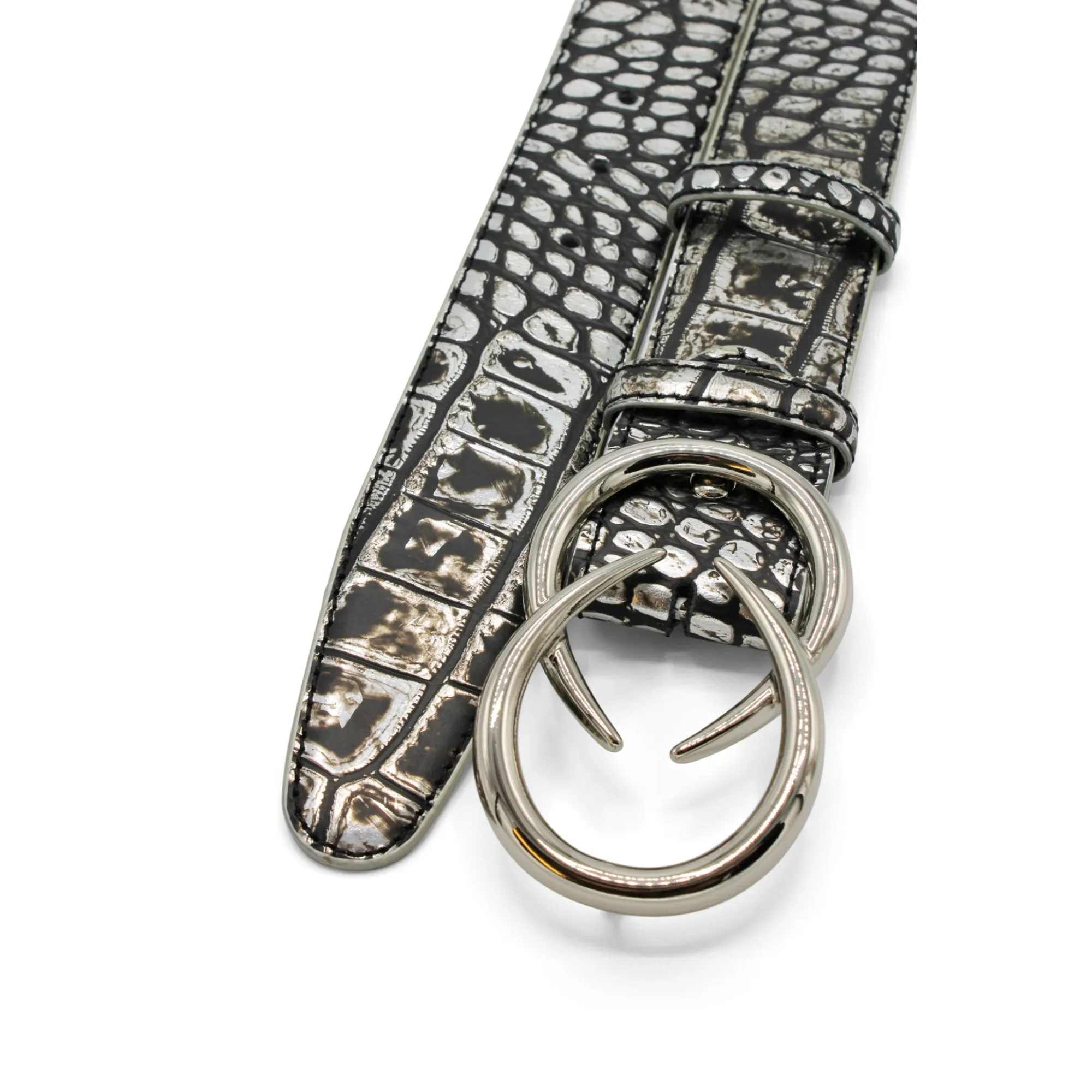 Silver Mirror Metallic Mock Croc Interlock Belt