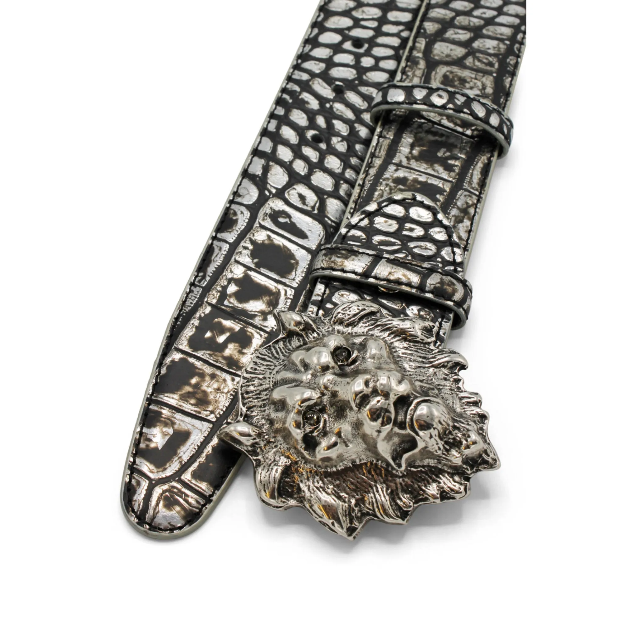 Silver Mirror Metallic Mock Croc Lion Belt