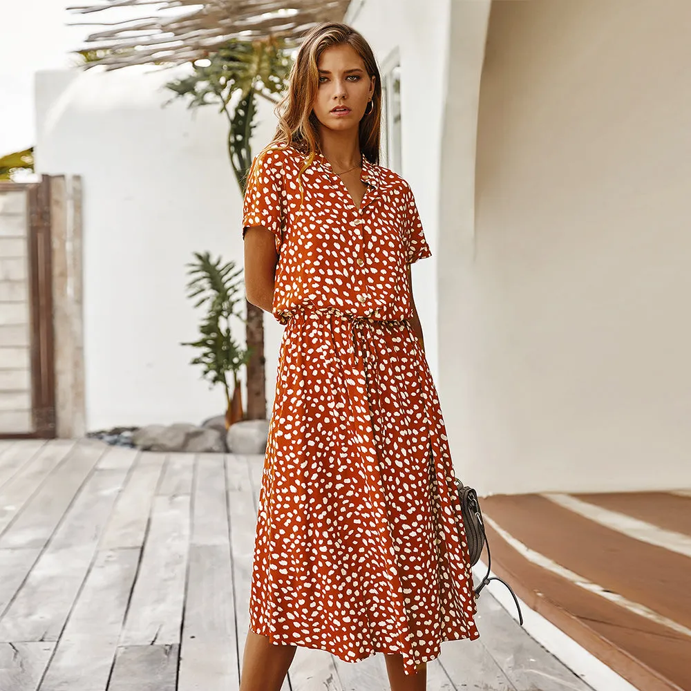 Summer Short Sleeve Polka Dot Leopard Print Dress