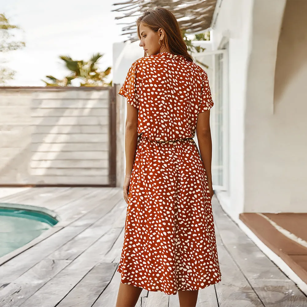 Summer Short Sleeve Polka Dot Leopard Print Dress