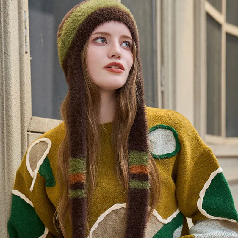 Vintage Style Contrast Striped Ear Flap Fuzzy Knit Beanie Hat